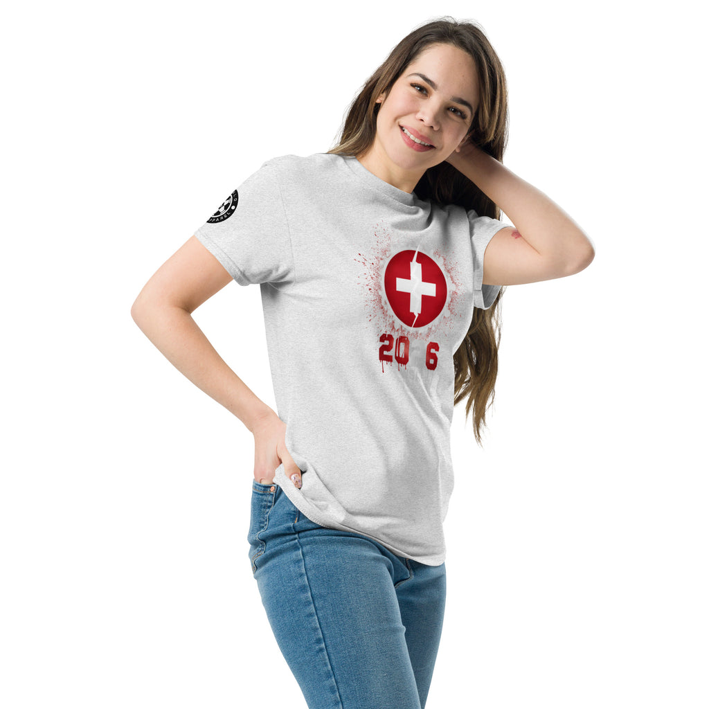 Woman wearing a white t-shirt with a red and white logo and number '206' on a white background