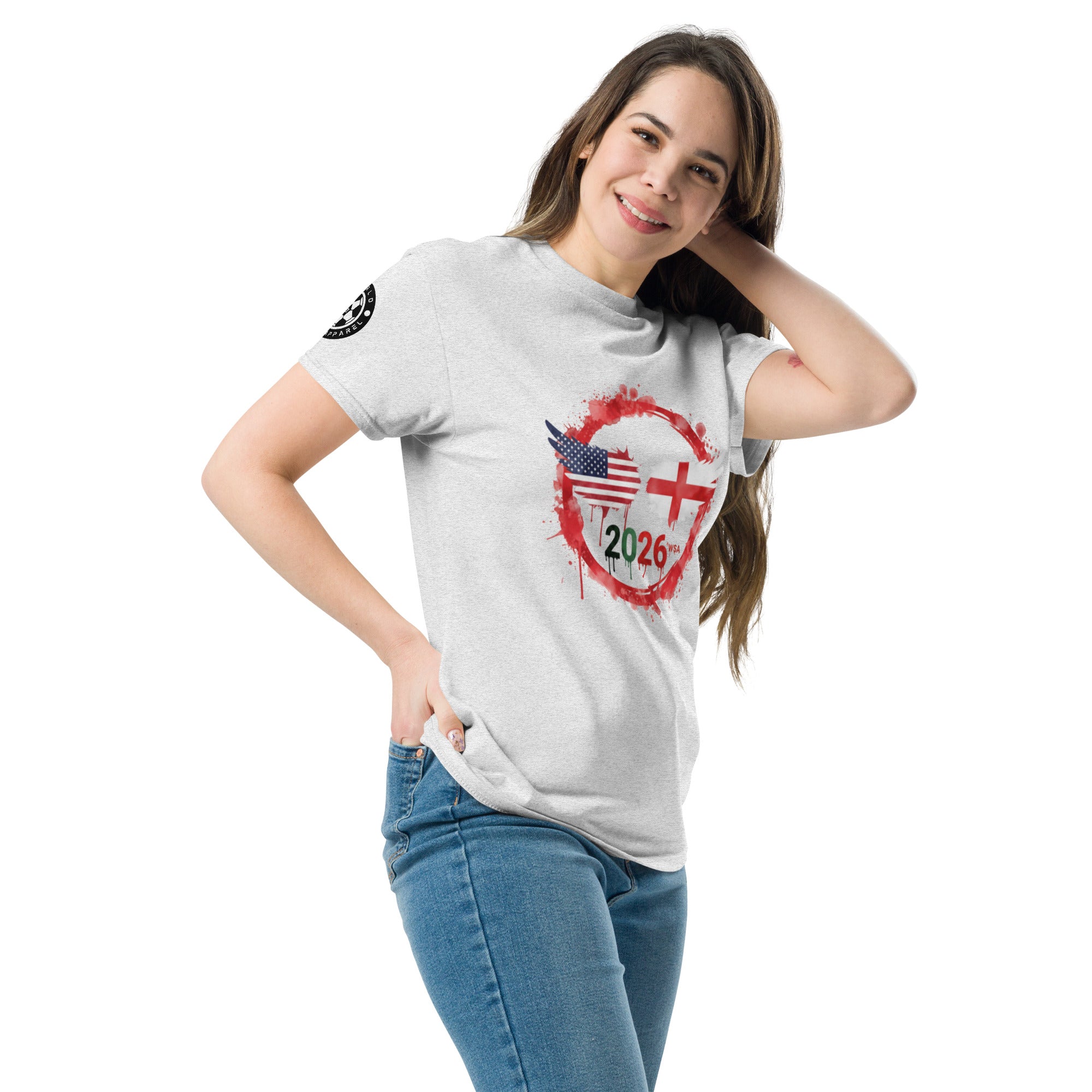 Woman wearing a white t-shirt with a graphic design on a white background
