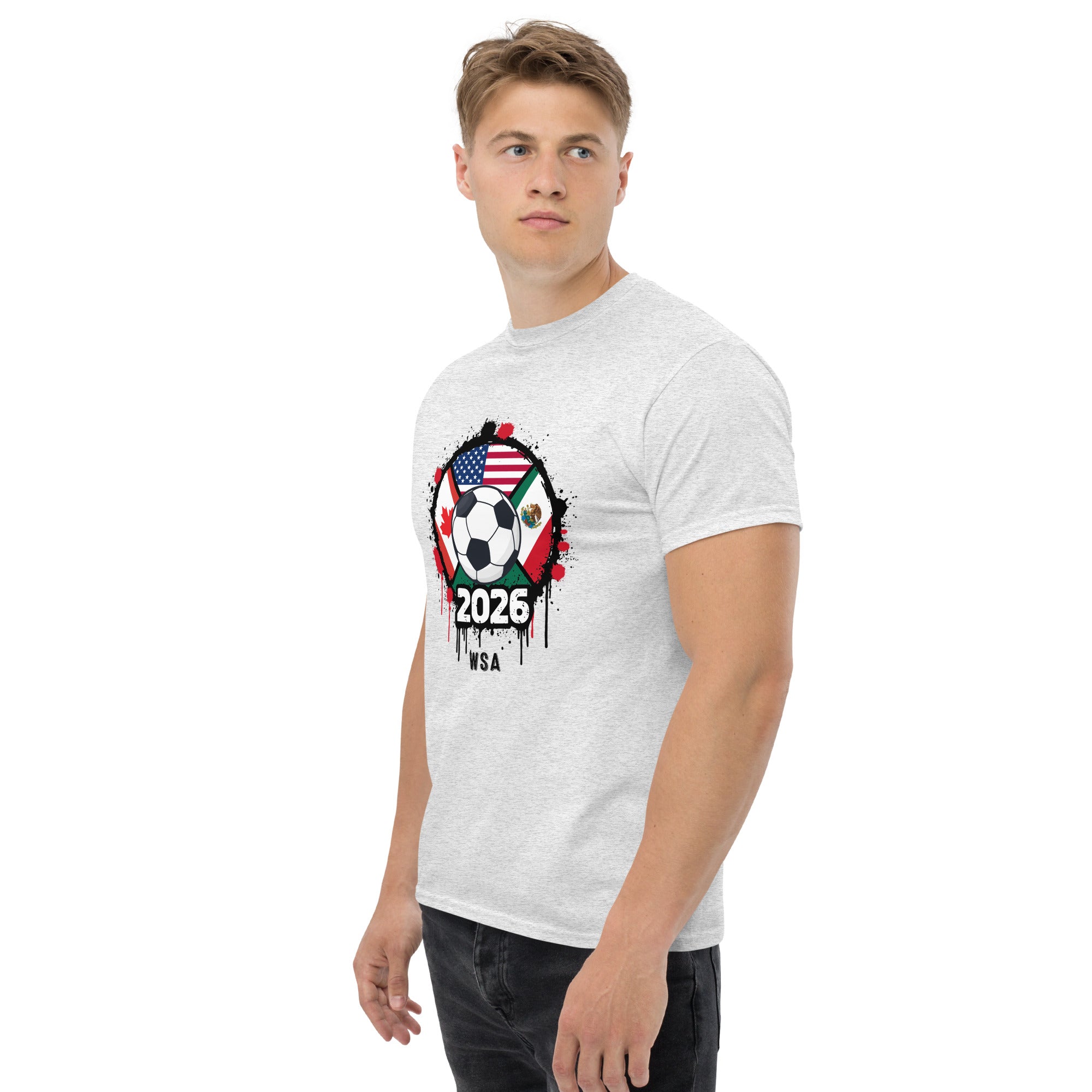 Man wearing a white t-shirt with a graphic design on a white background