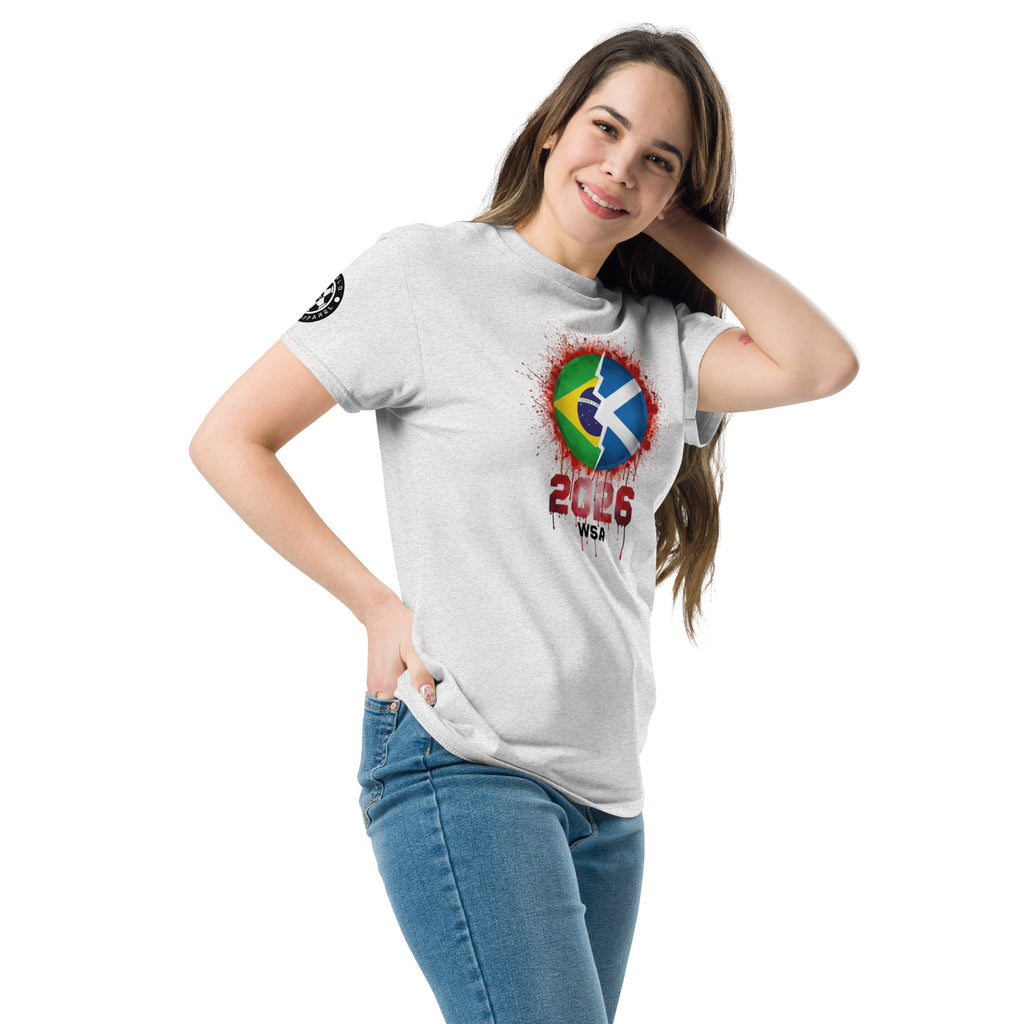 Woman wearing a white t-shirt with a colorful design and text on a white background