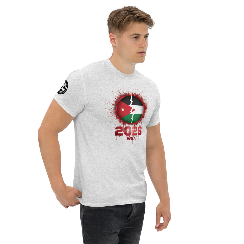 Man wearing a white t-shirt with a graphic design on a white background