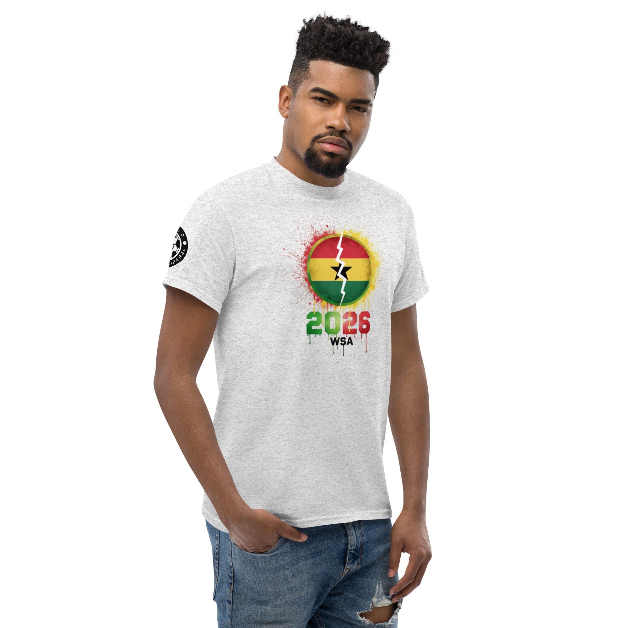 Man wearing a white t-shirt with a colorful design and text on a white background