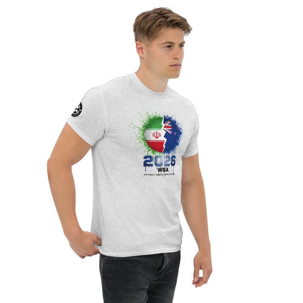 Man wearing a white t-shirt with a colorful design and text on a white background