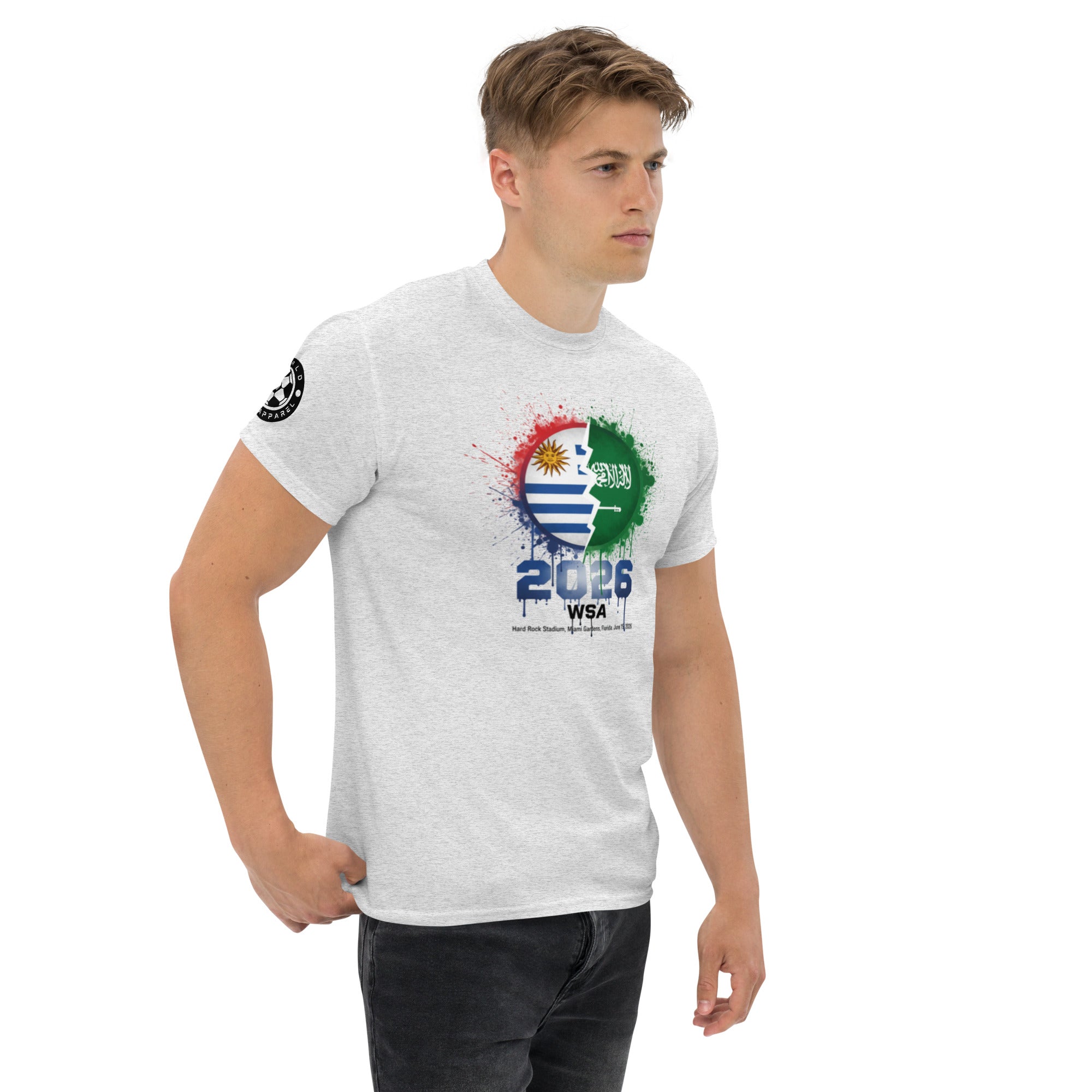 Man wearing a white t-shirt with colorful design and text on a white background