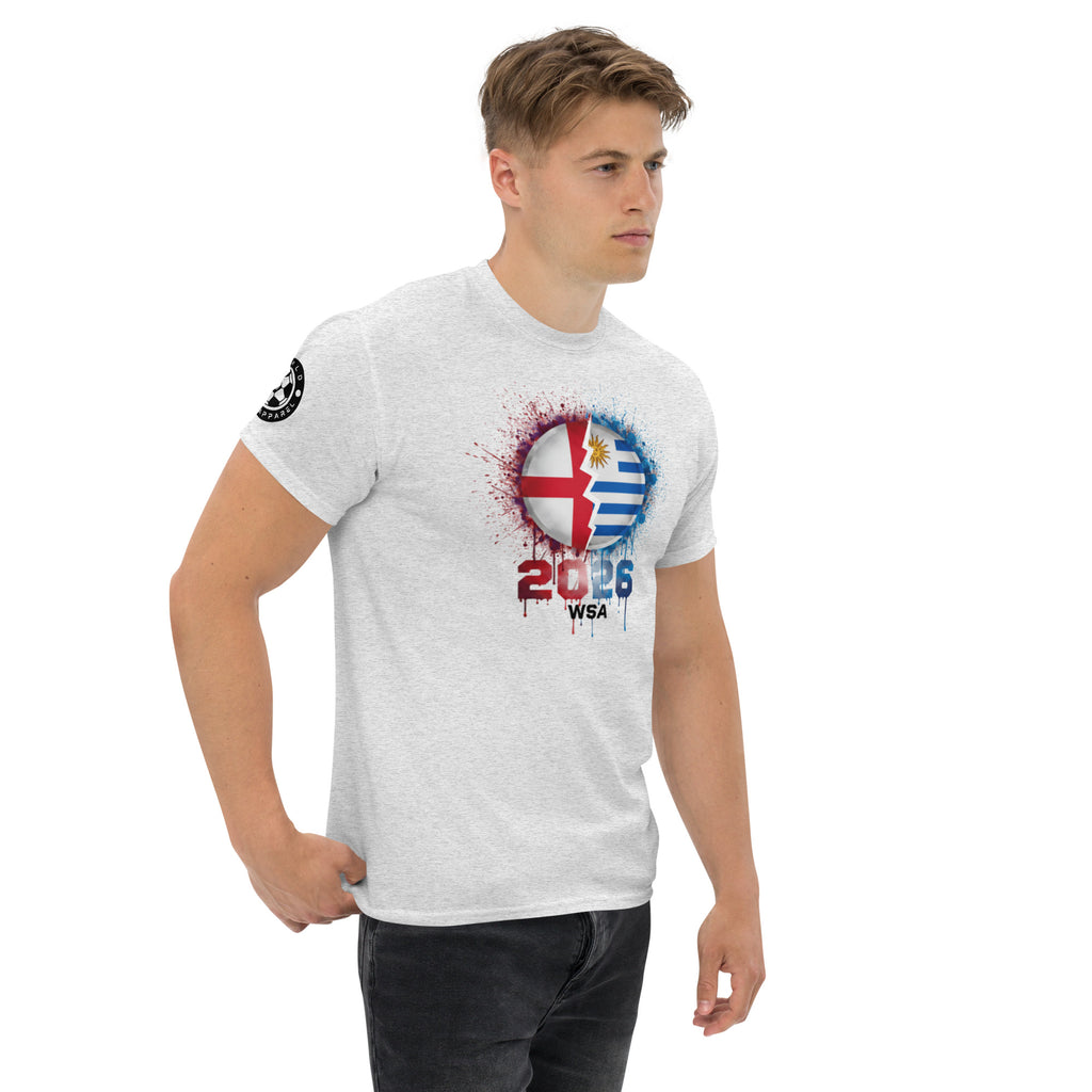 Man wearing a white t-shirt with a colorful design on a white background