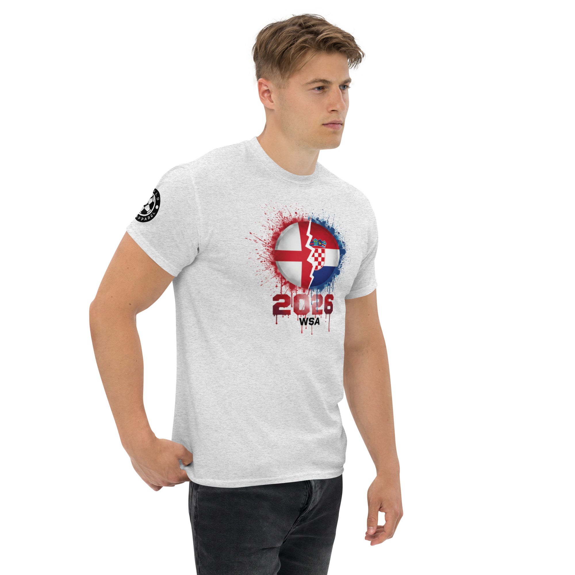 Man wearing a white t-shirt with a graphic design on a white background