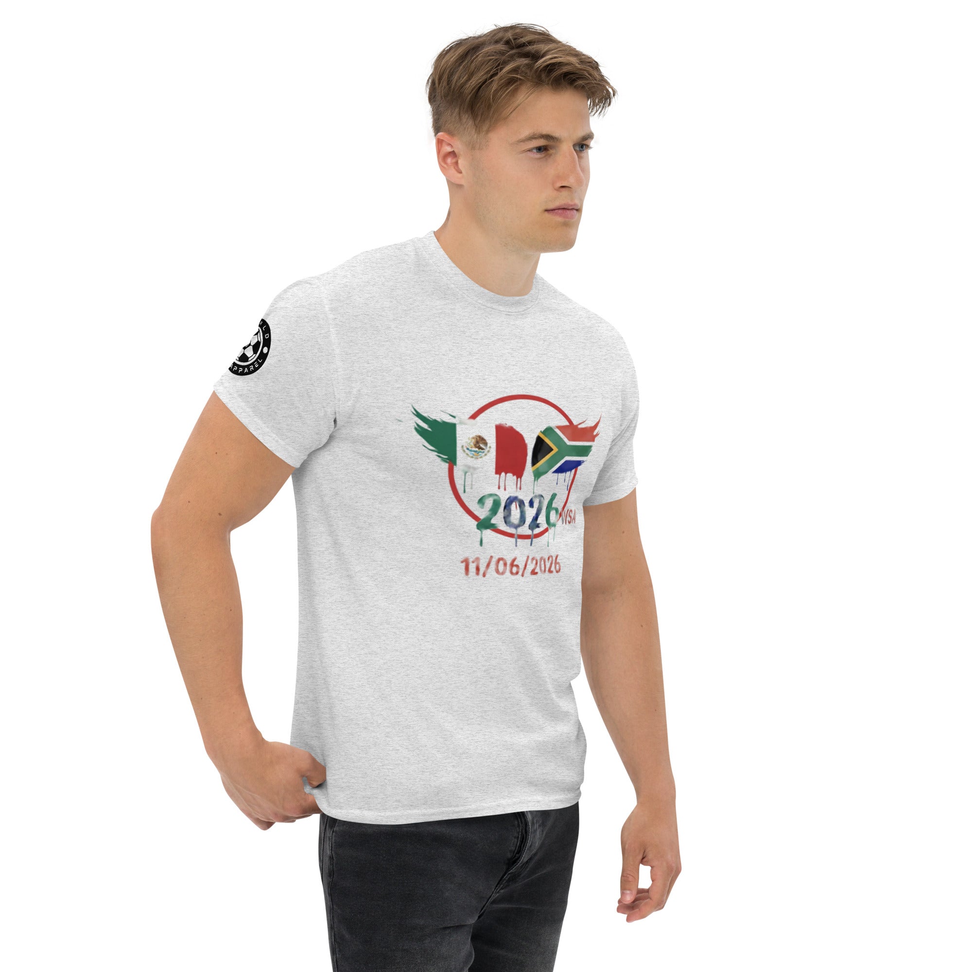 Man wearing a white t-shirt with a colorful graphic design on a white background