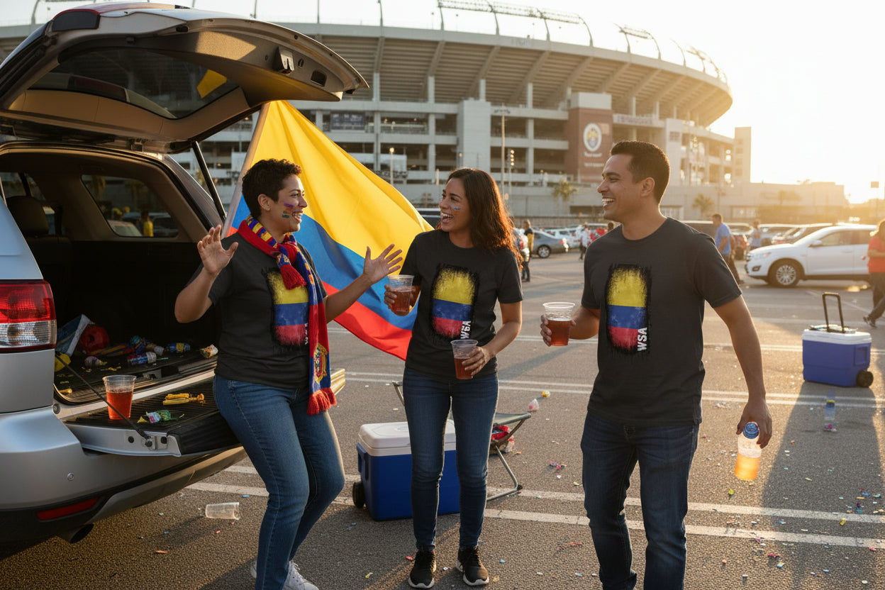 Black t-shirt with a colorful graphic design on a white background