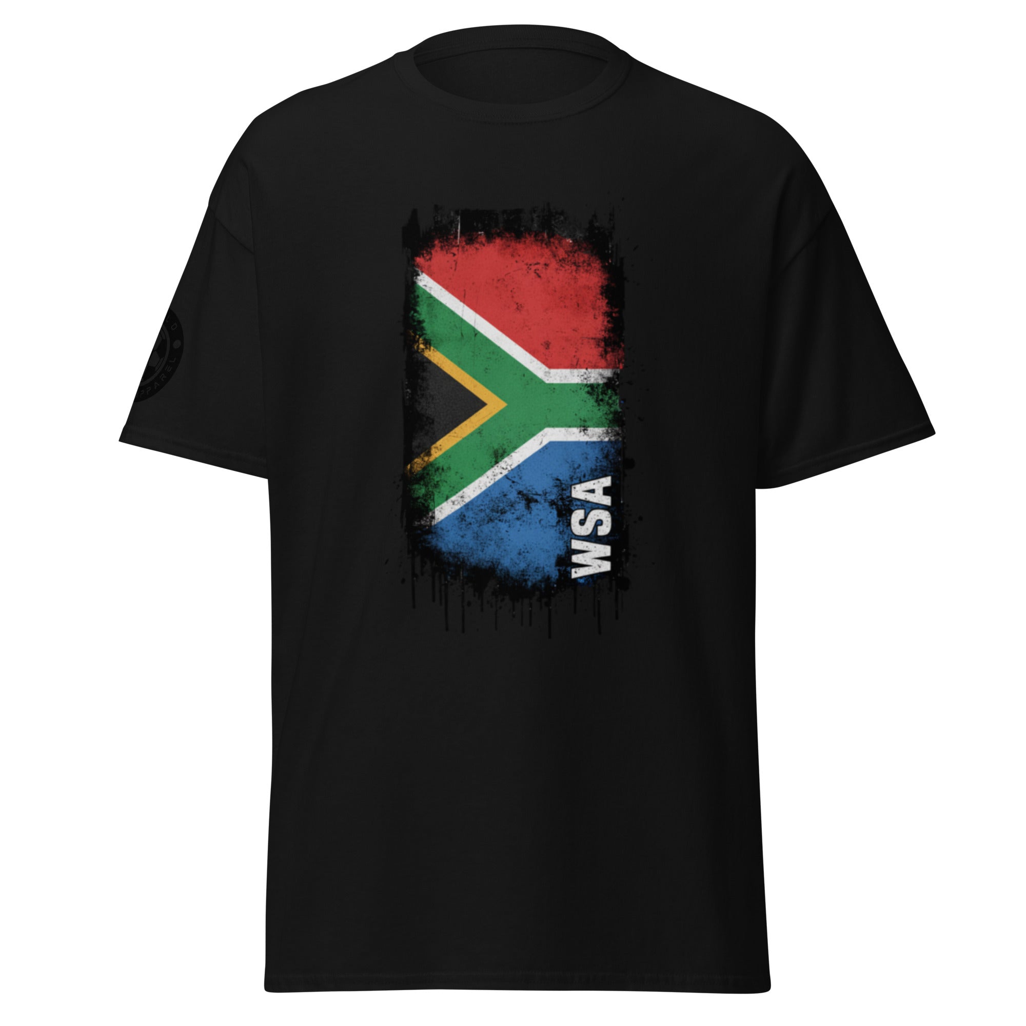 Black t-shirt with South African flag design and 'WSA' text on a white background