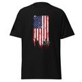 Black t-shirt with American flag design and 'WSA' logo on a white background