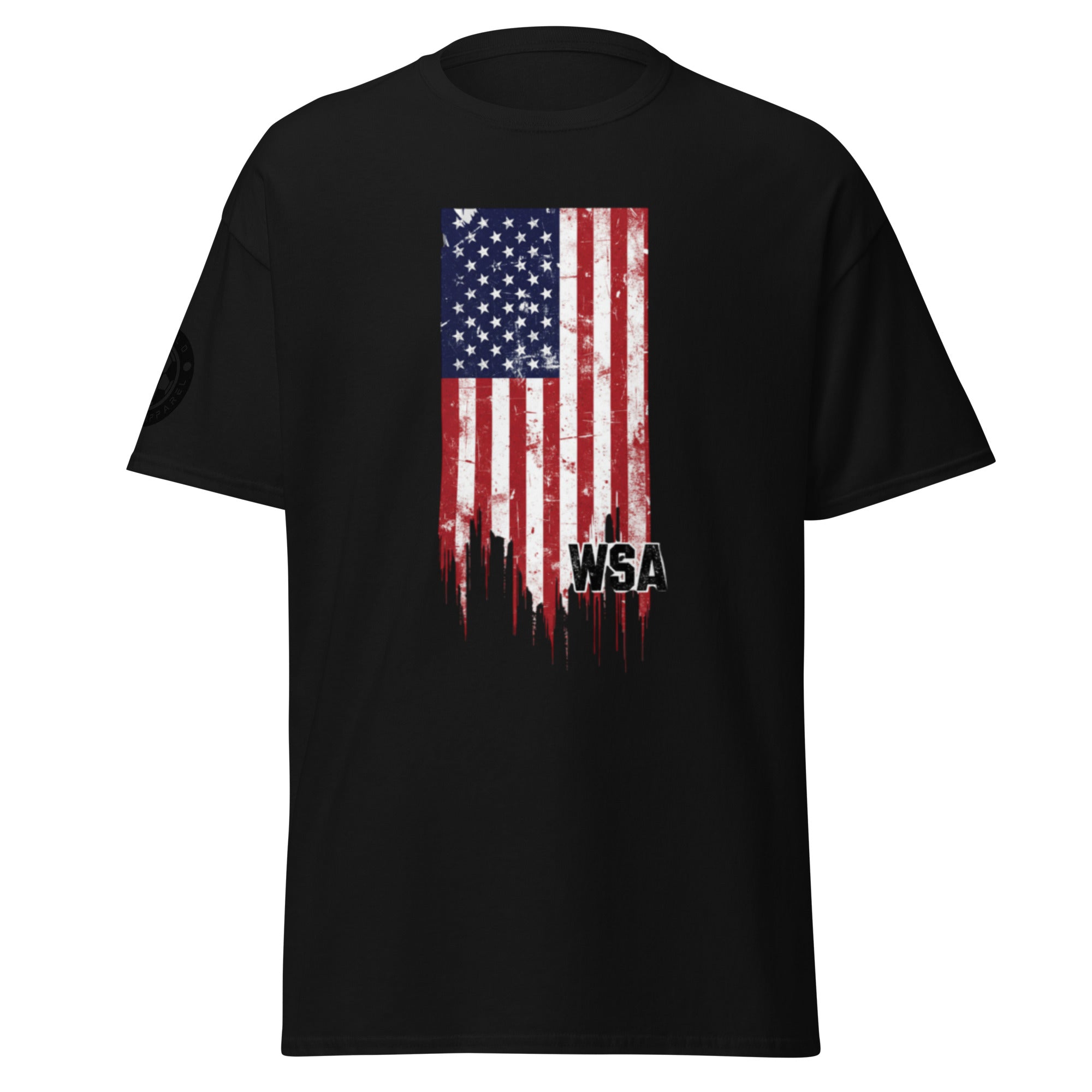 Black t-shirt with American flag design and 'WSA' logo on a white background