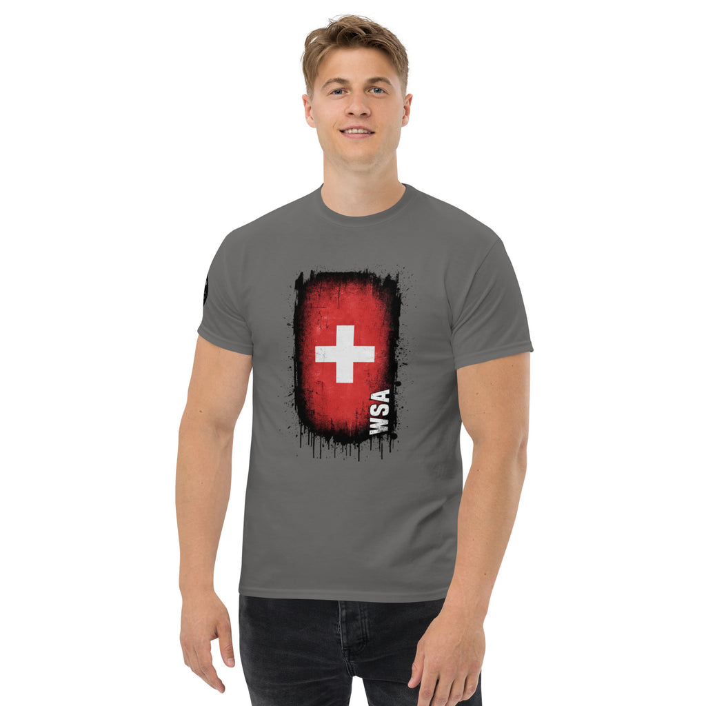 Man wearing a gray t-shirt with a red and black graphic design on a white background