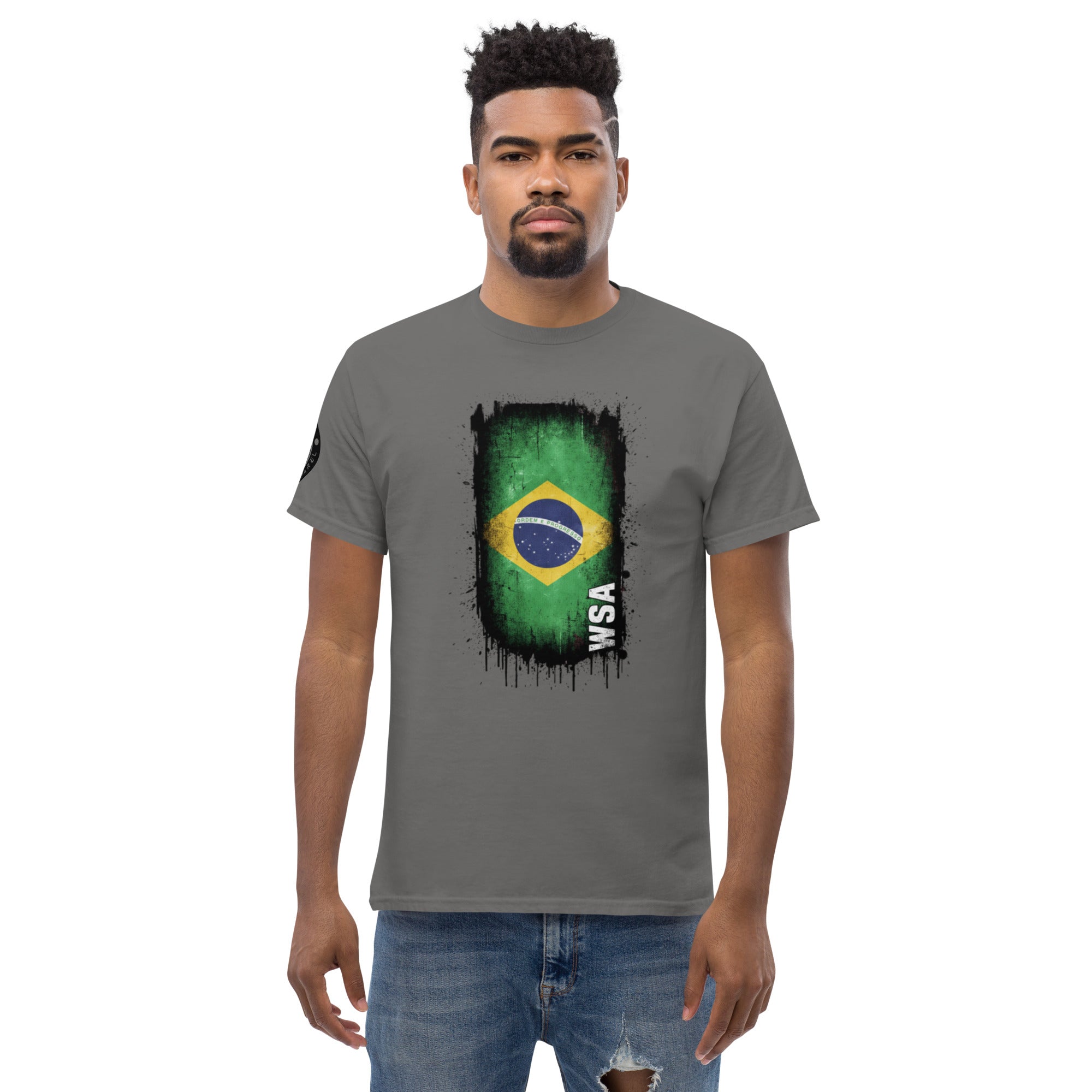 Man wearing a gray t-shirt with a Brazilian flag design on a white background