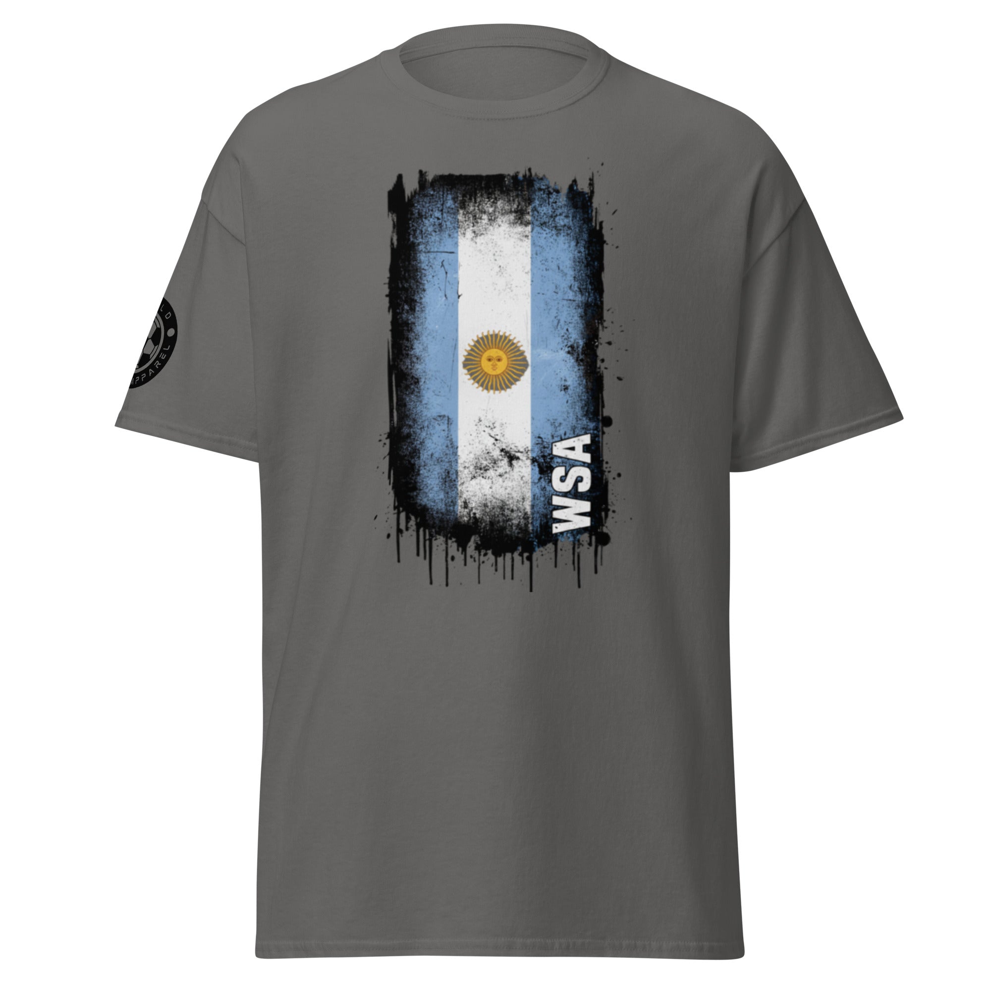 Gray t-shirt with Argentina flag design on a white background