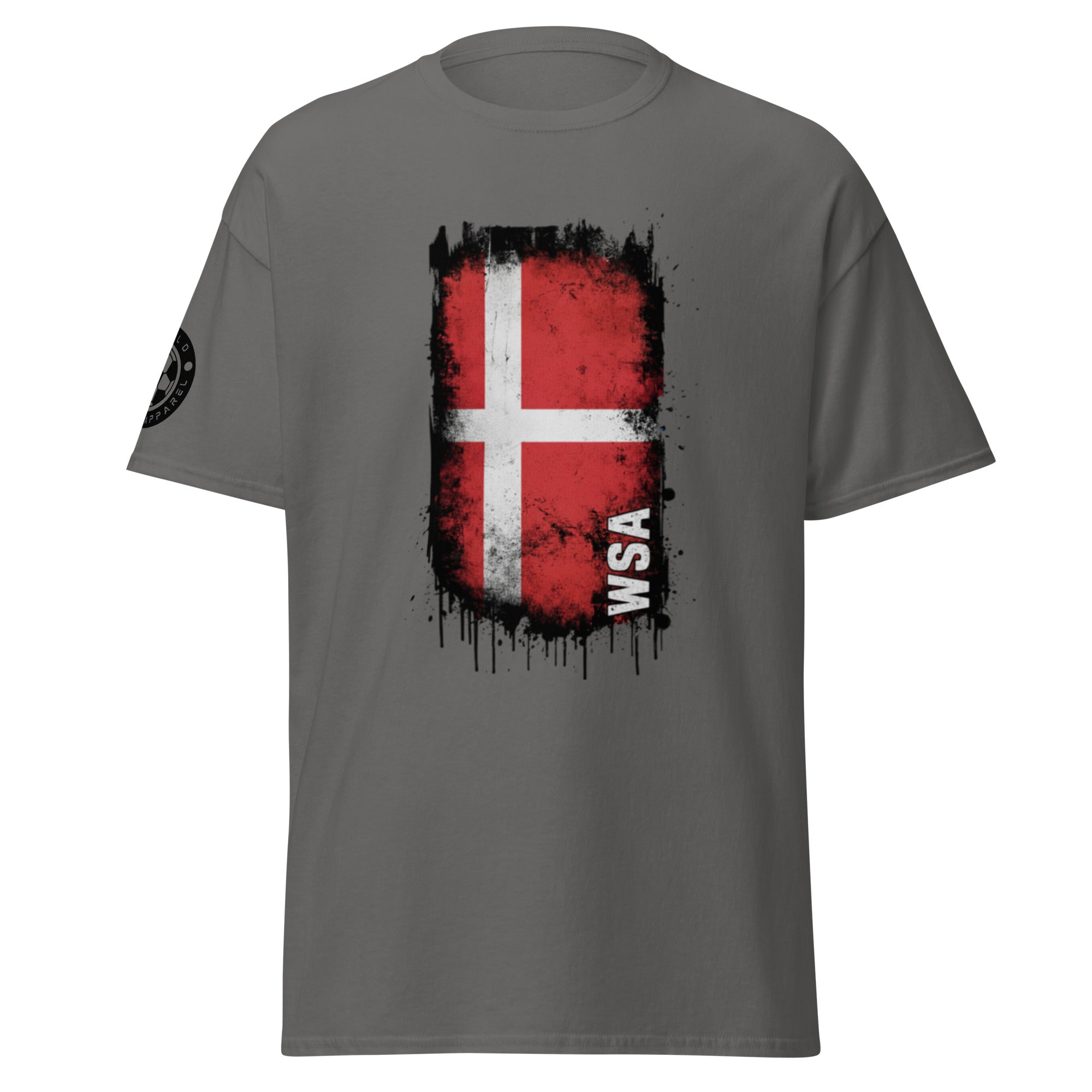 Gray t-shirt with a Danish flag design and 'WSA' text on a white background