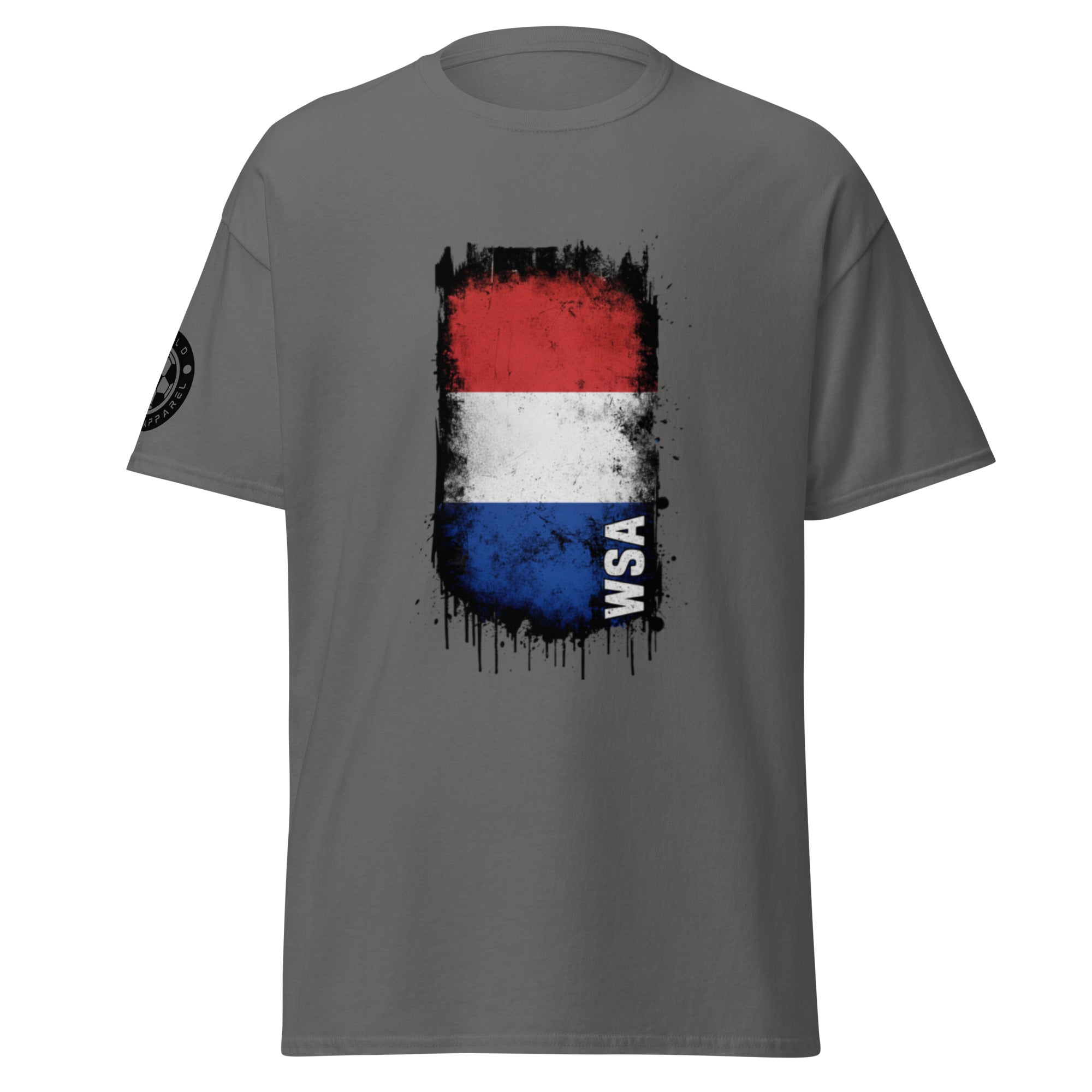 Gray t-shirt with a colorful graphic design on a white background