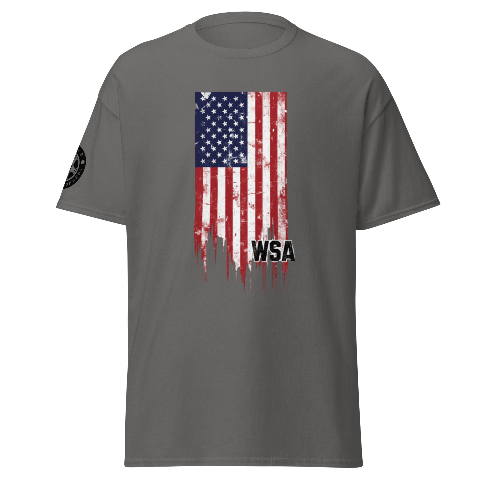 Gray t-shirt with American flag graphic and 'WSA' text on a white background