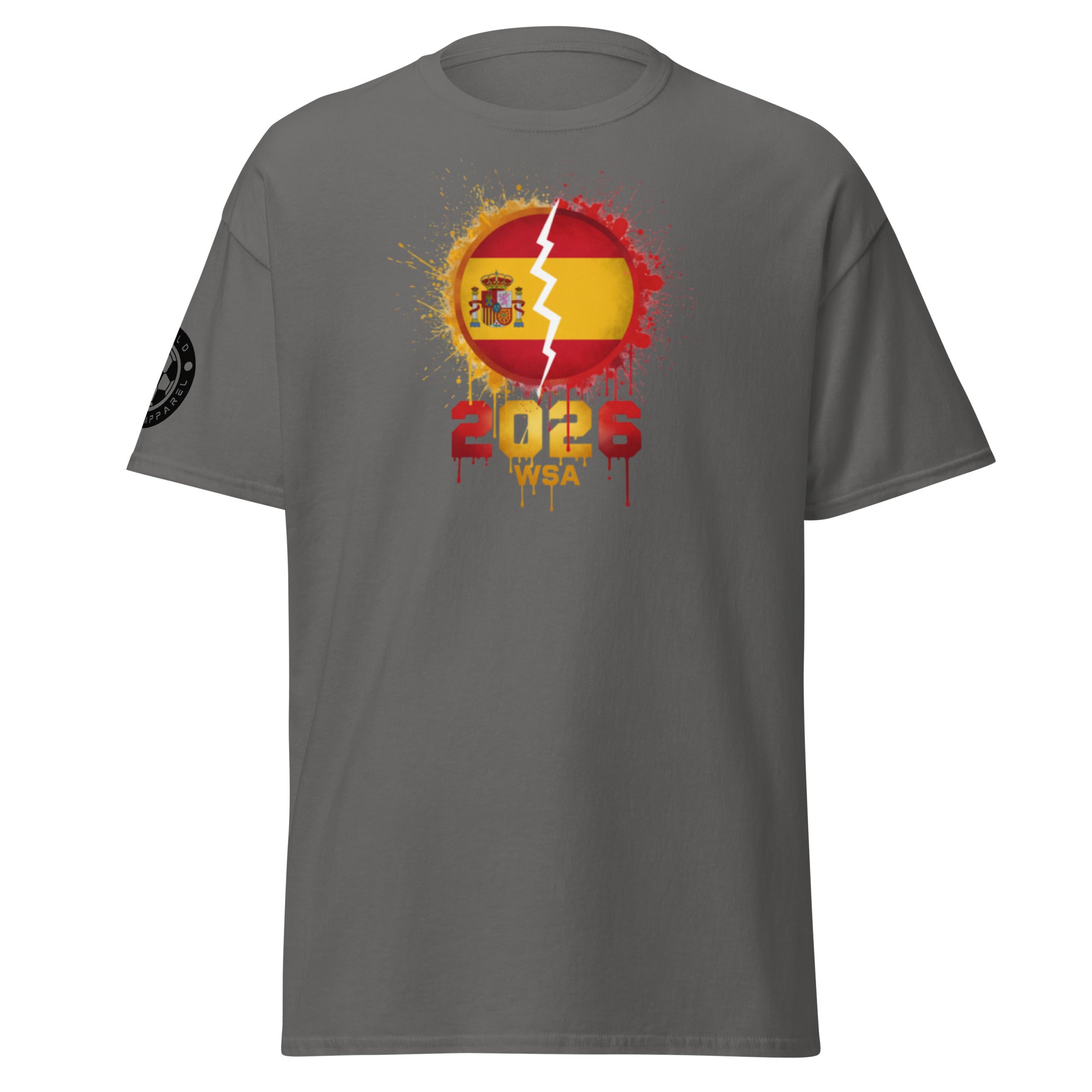 Gray t-shirt with a graphic design featuring a flag and '2026' text on a white background
