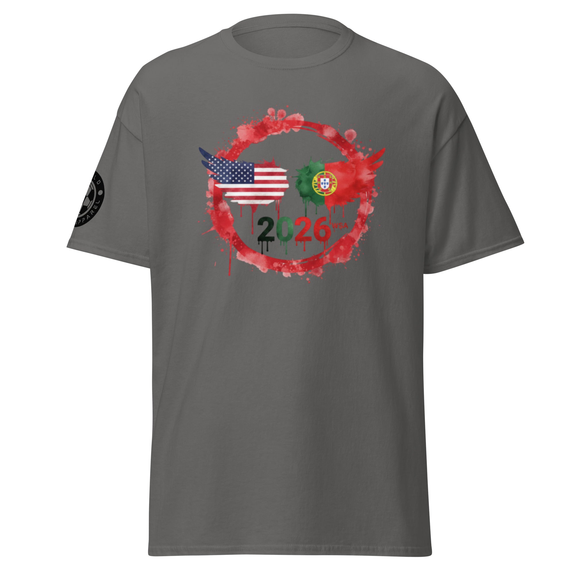 Gray t-shirt with a design of two flags and the number 2026 on a white background