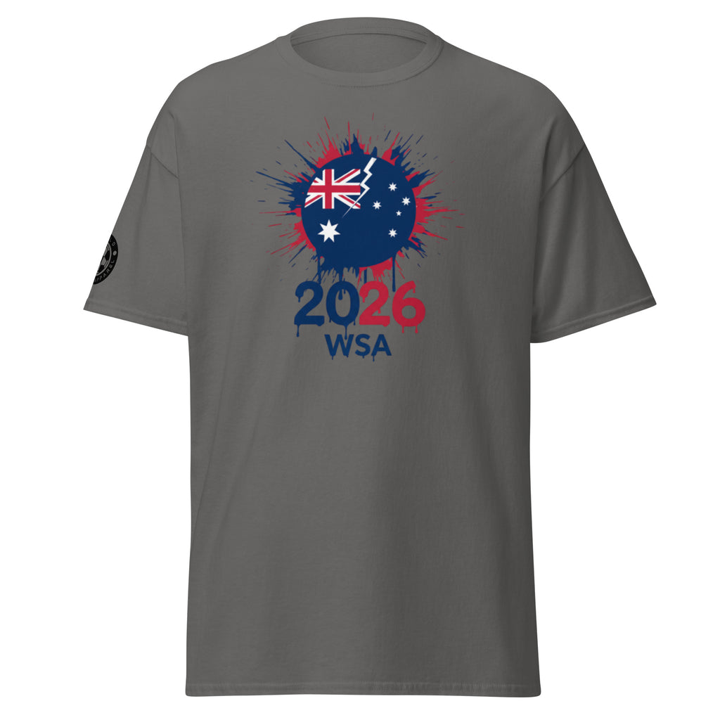 Gray t-shirt with Australian flag design and '2026 WSA' text on a white background