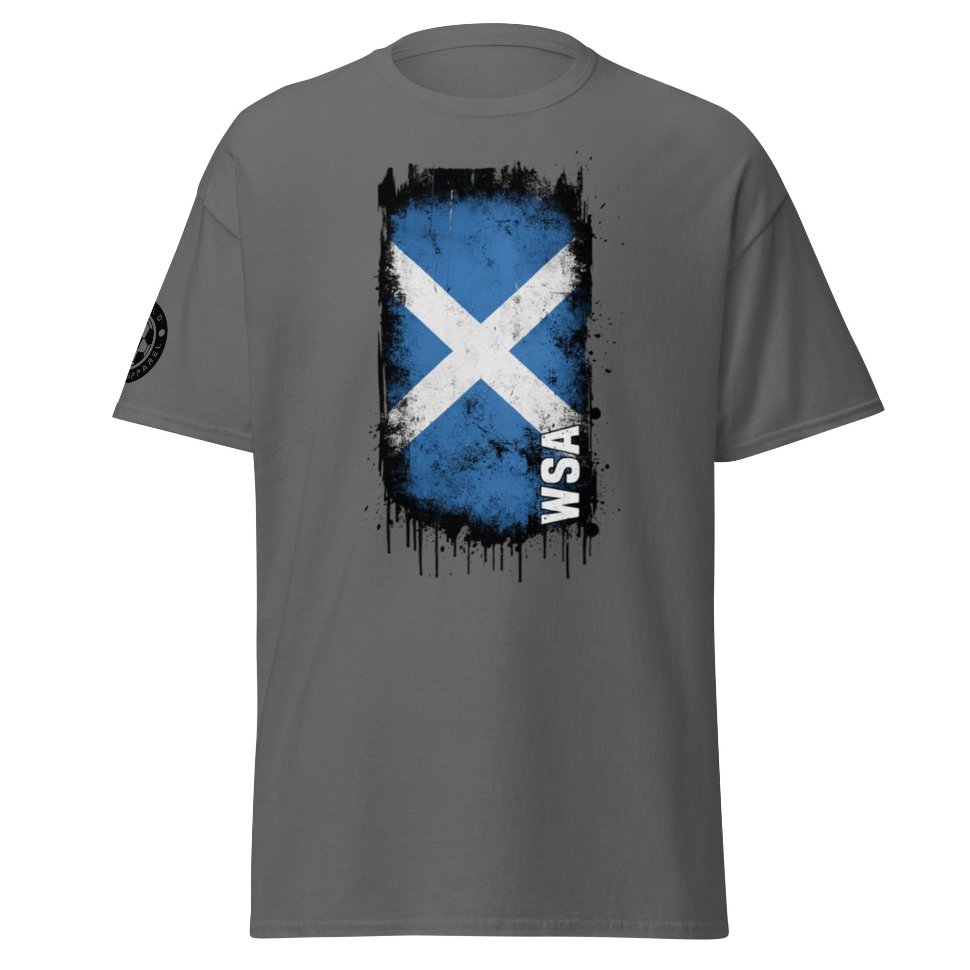 Gray t-shirt with a blue and white flag design and 'WSA' text on a white background