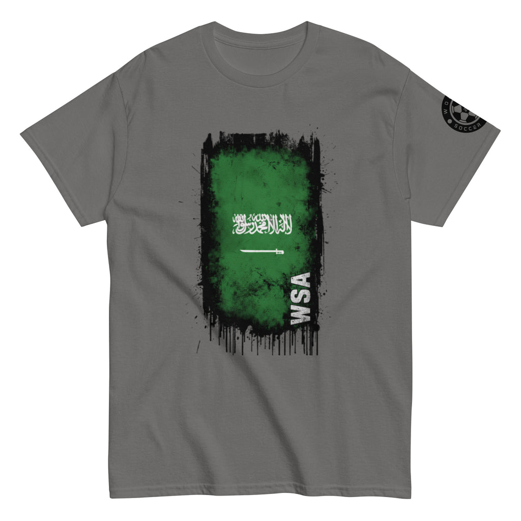 Gray t-shirt with green and black graphic design on a white background