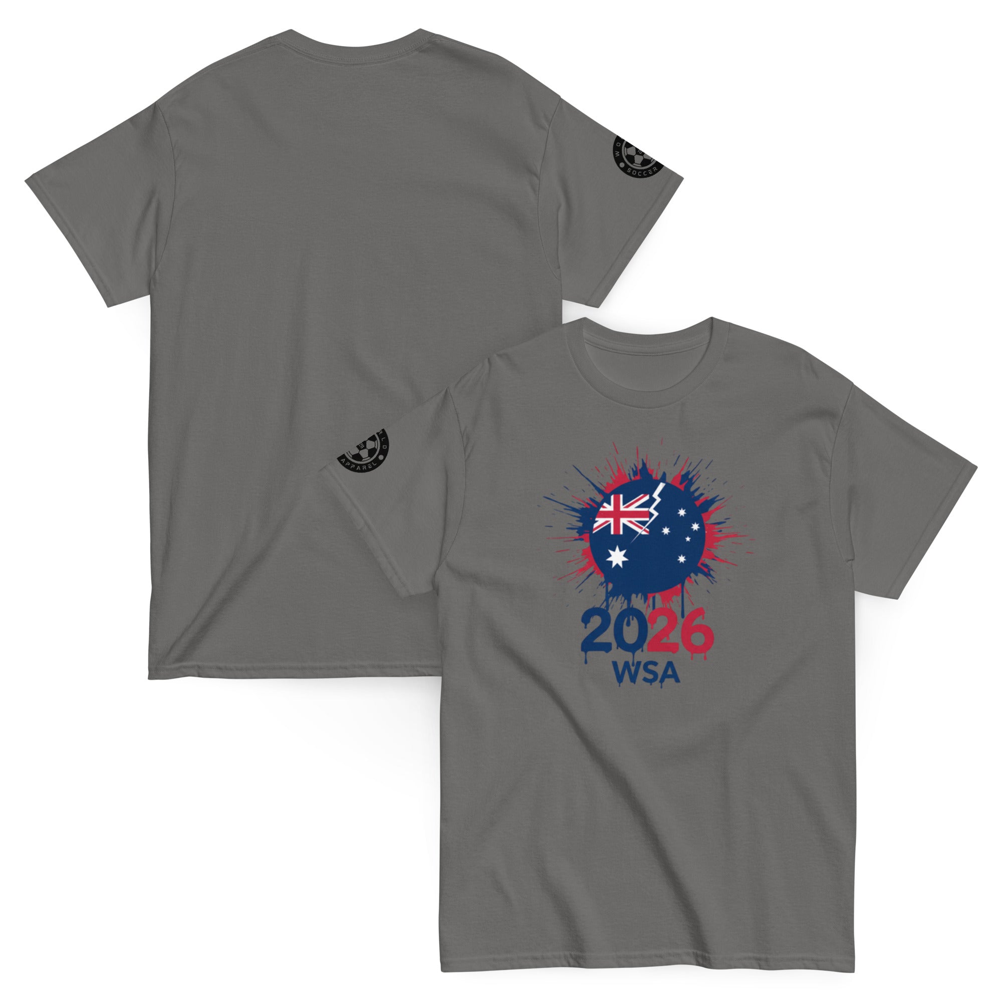 Gray t-shirt with a design featuring the Australian flag and '2026 WSA' text on a white background.