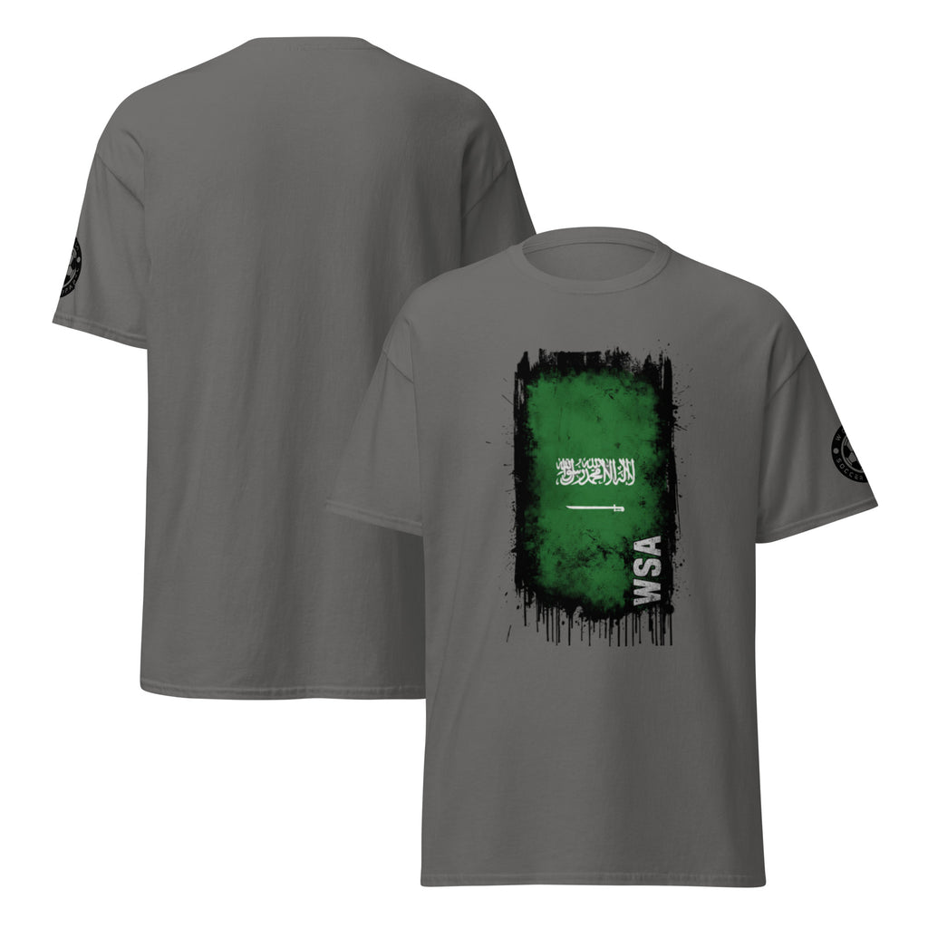 Gray t-shirt with green graphic and 'WSA' text on a white background