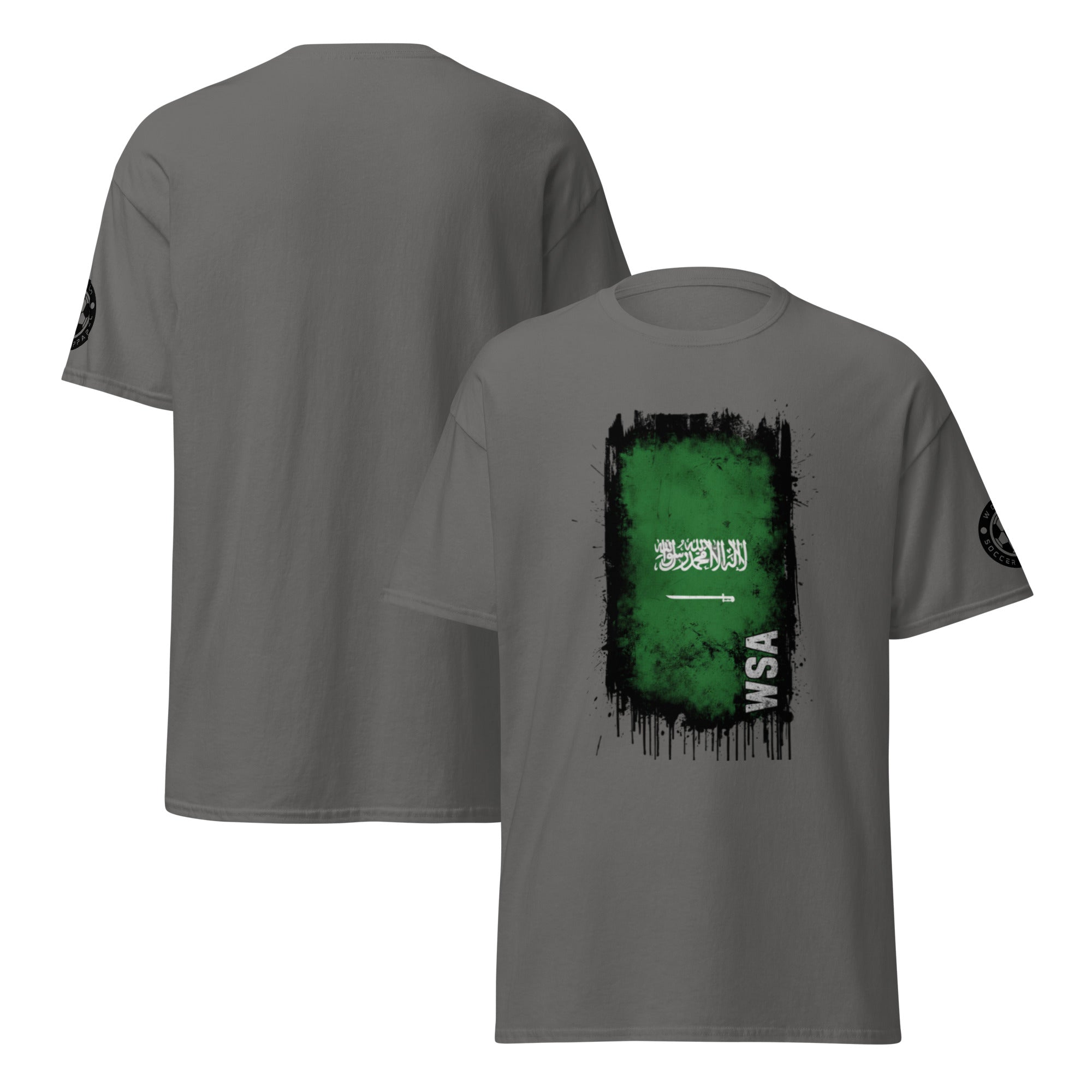 Gray t-shirt with green graphic and 'WSA' text on a white background