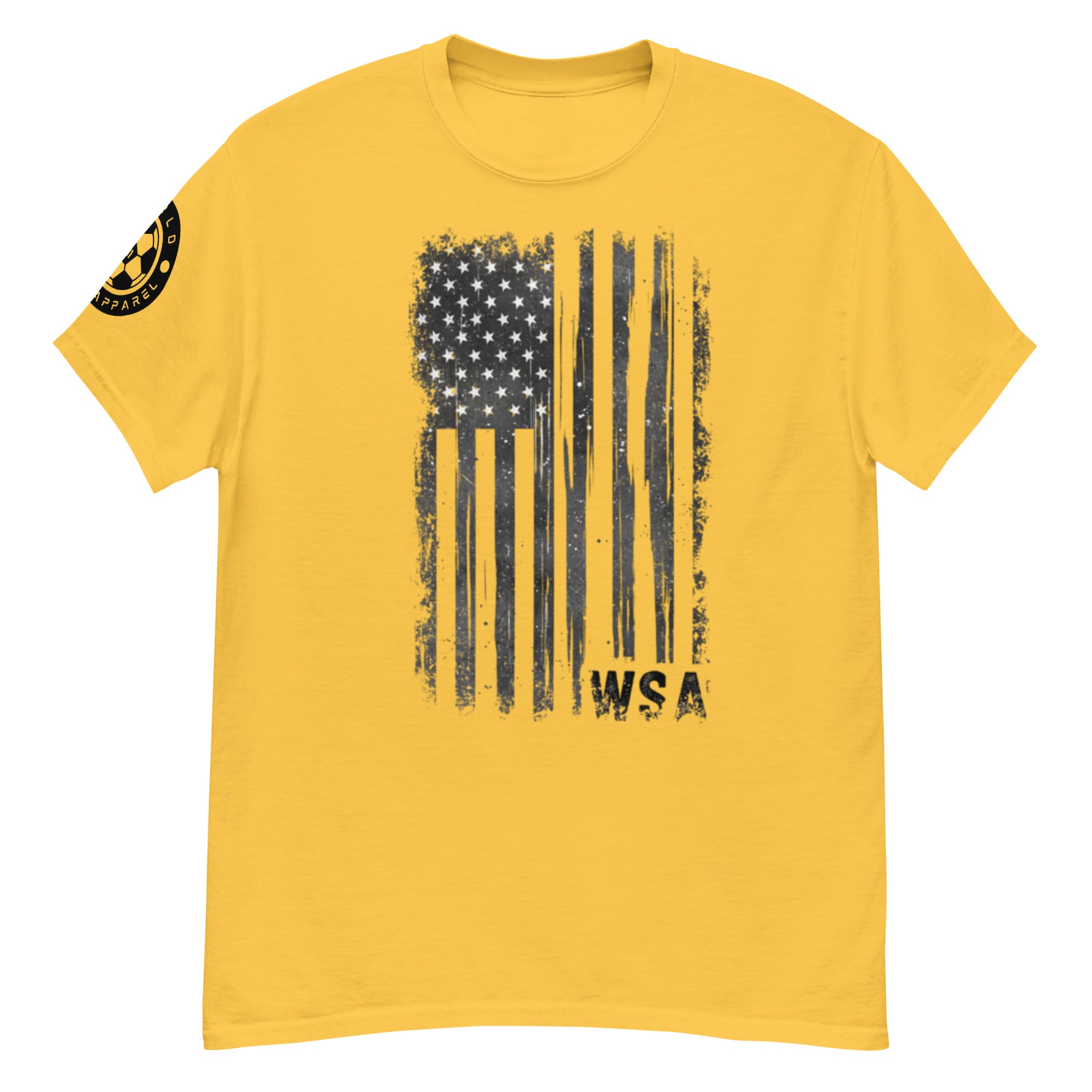 Yellow t-shirt with American flag graphic and 'WSA' text on a white background