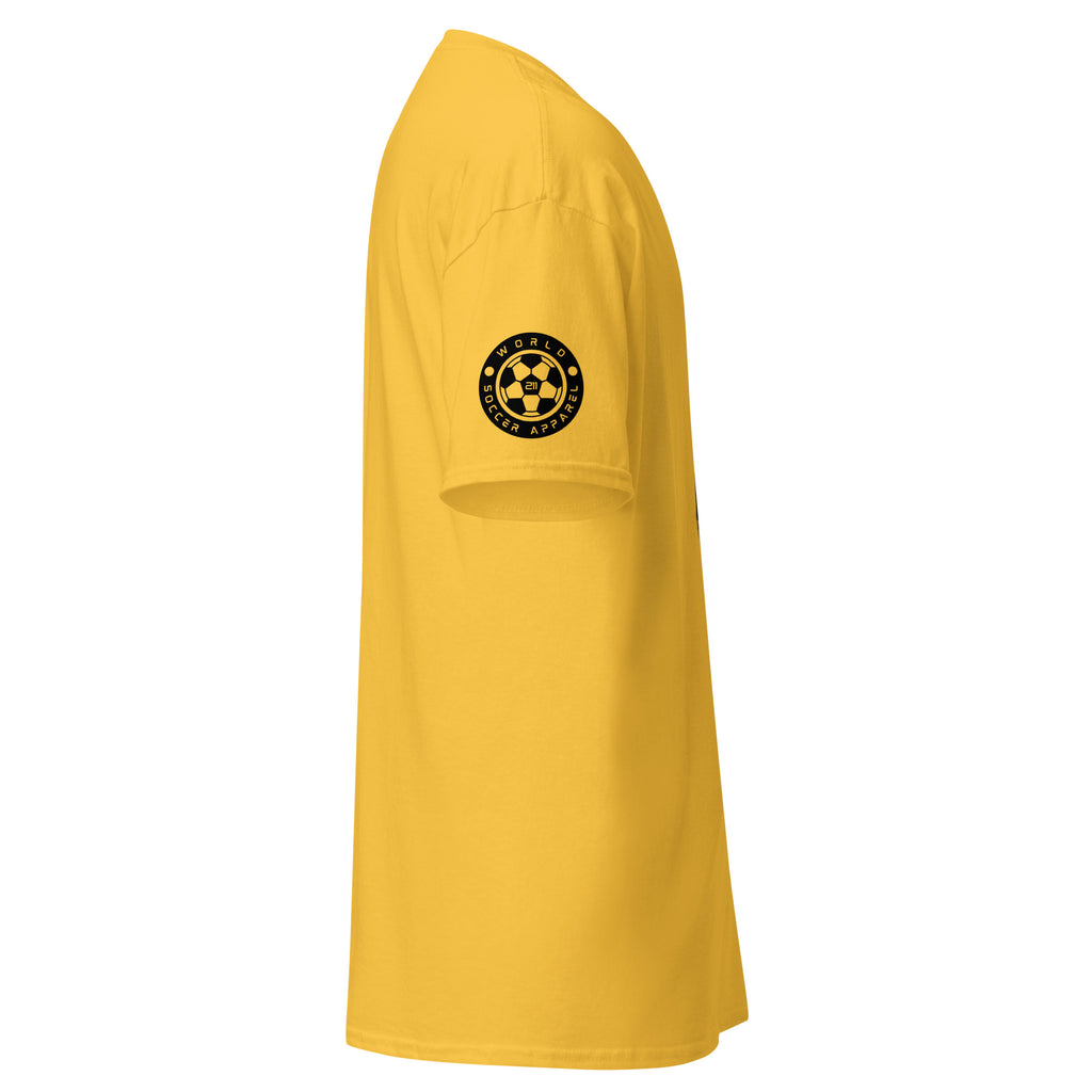 Yellow long-sleeve shirt with a black logo on a white background