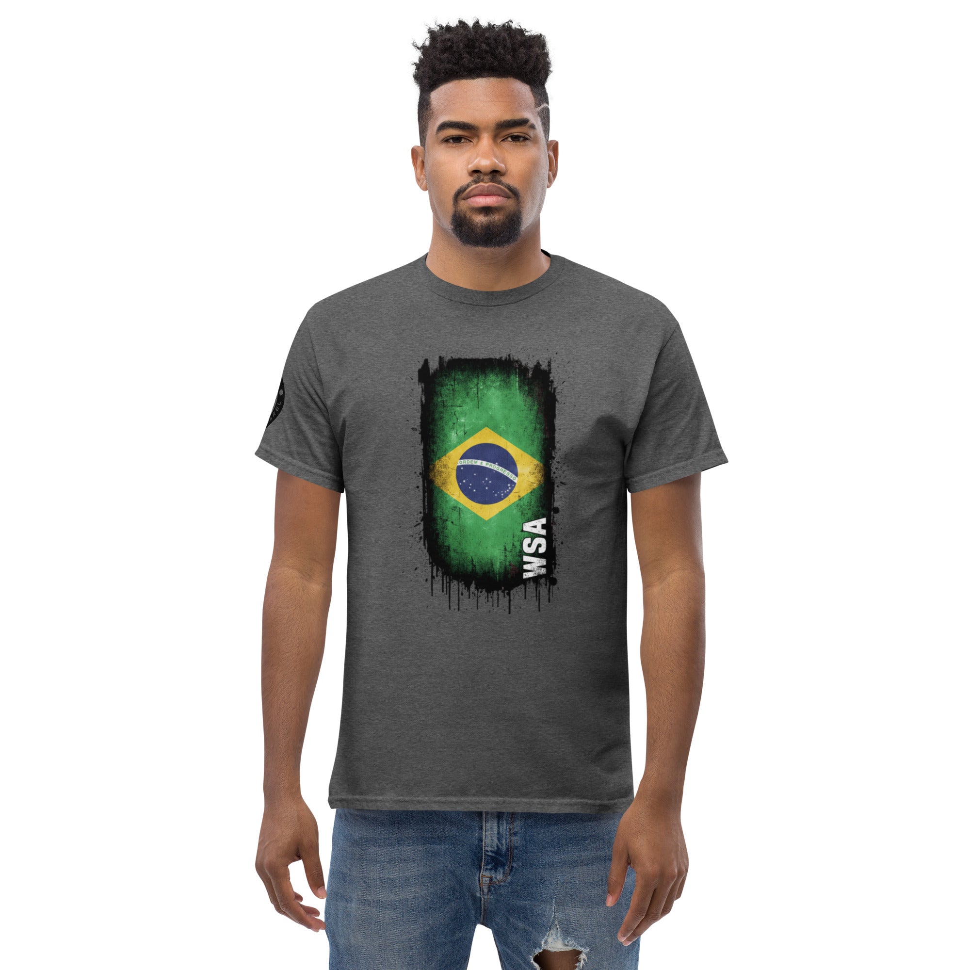 Man wearing a gray t-shirt with a Brazilian flag design on a white background