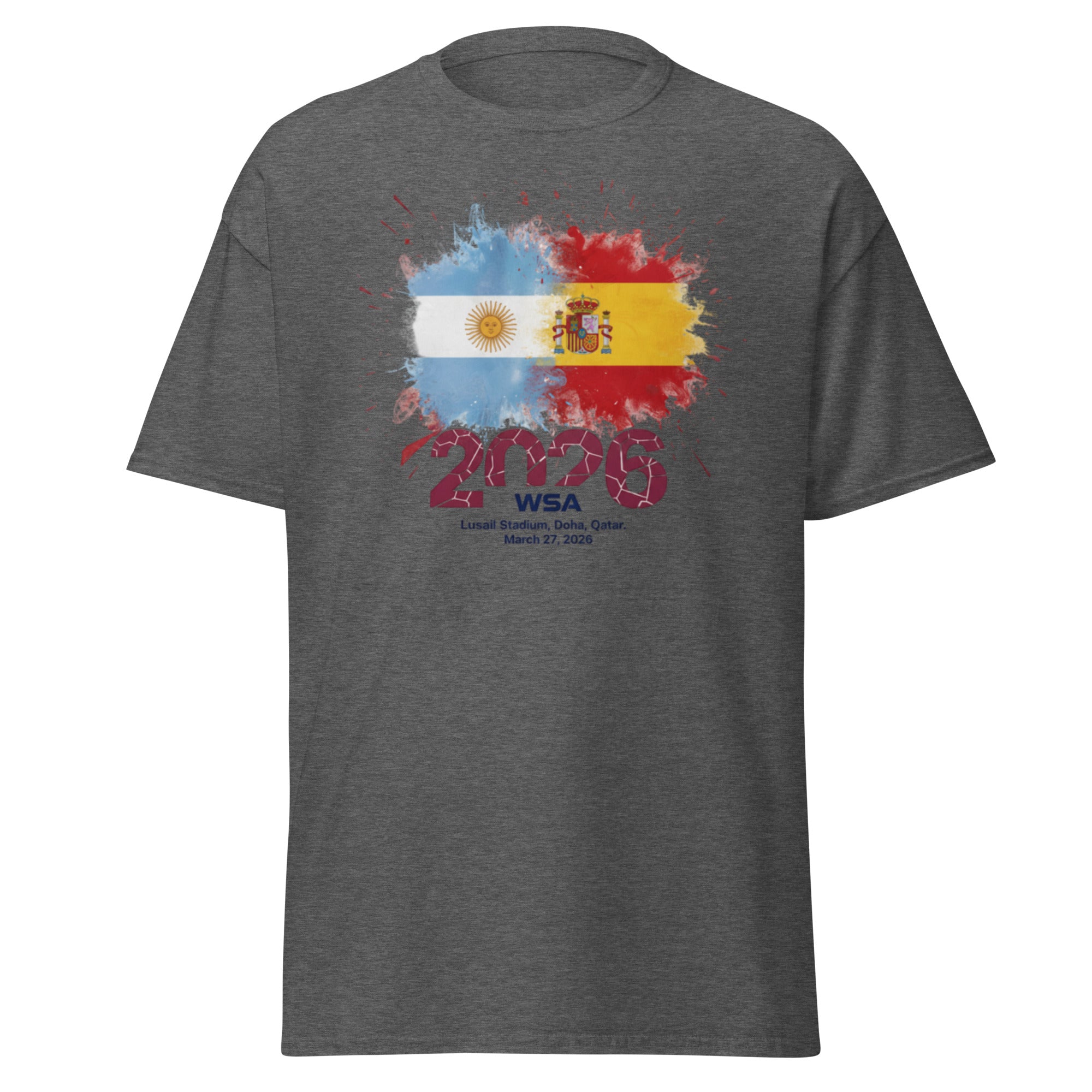 Gray t-shirt with colorful graphic design featuring flags and '2023 WSA' text on a white background
