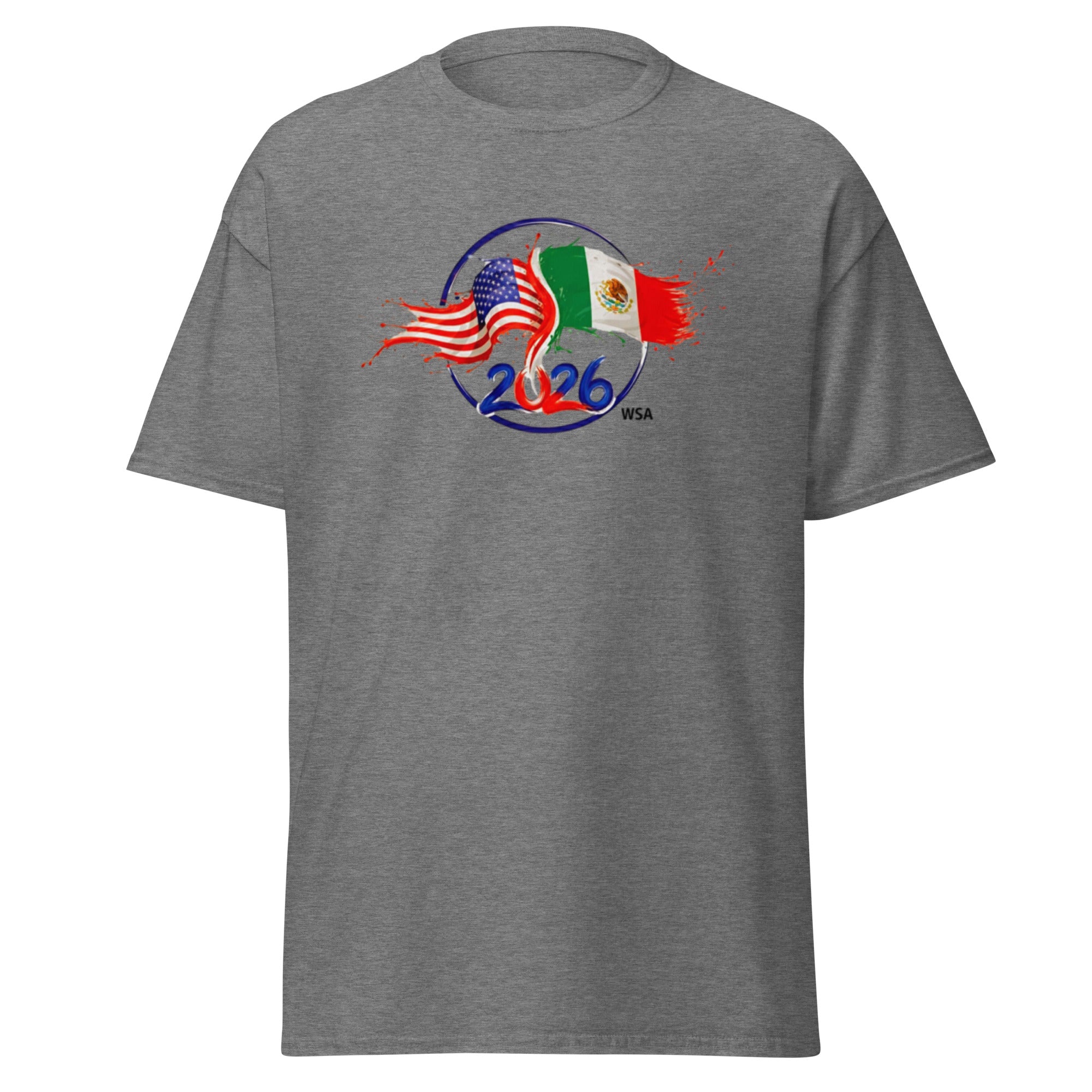 Gray t-shirt with 2026 FIFA World Cup logo featuring American and Mexican flags on a white background