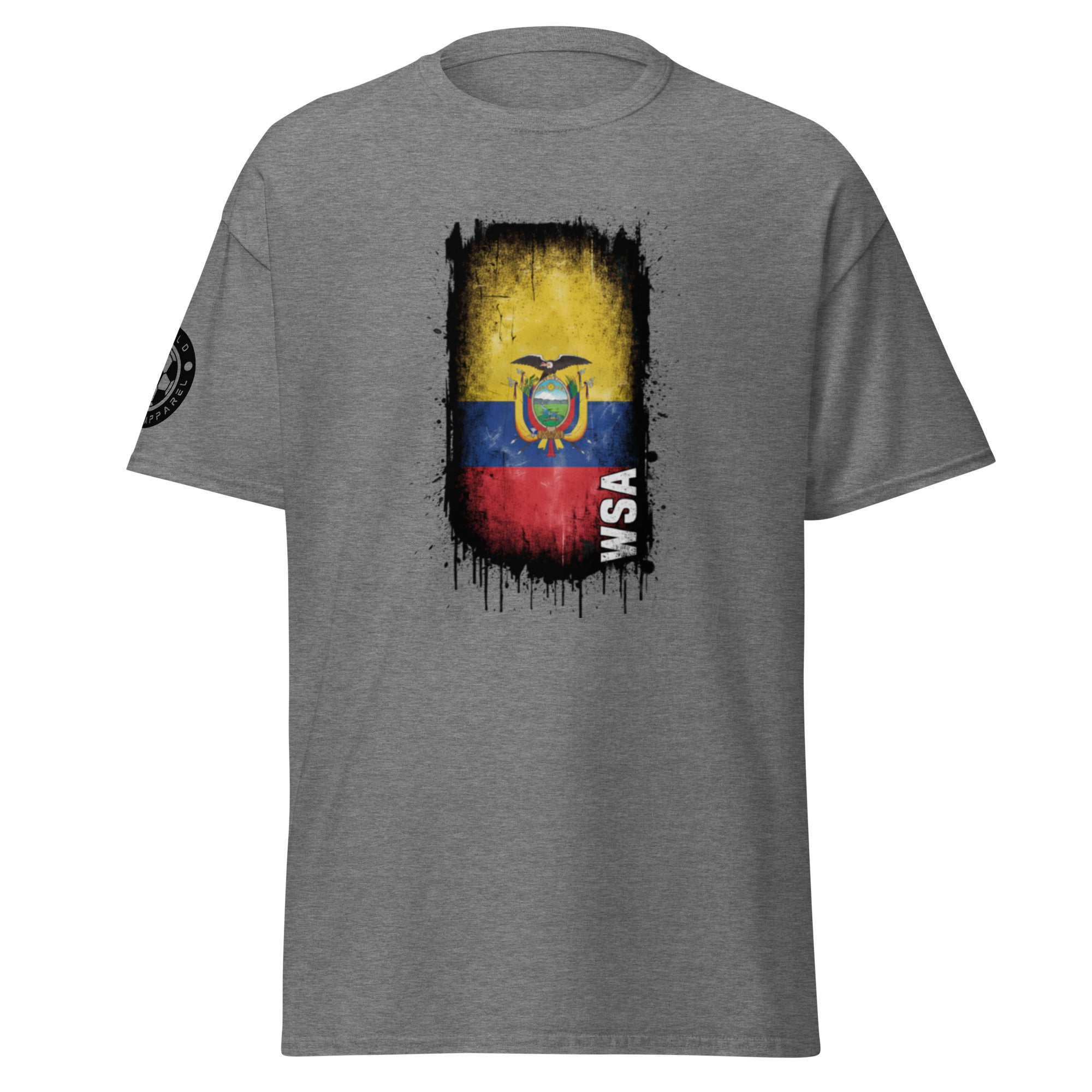 Gray t-shirt with Ecuadorian flag design on a white background