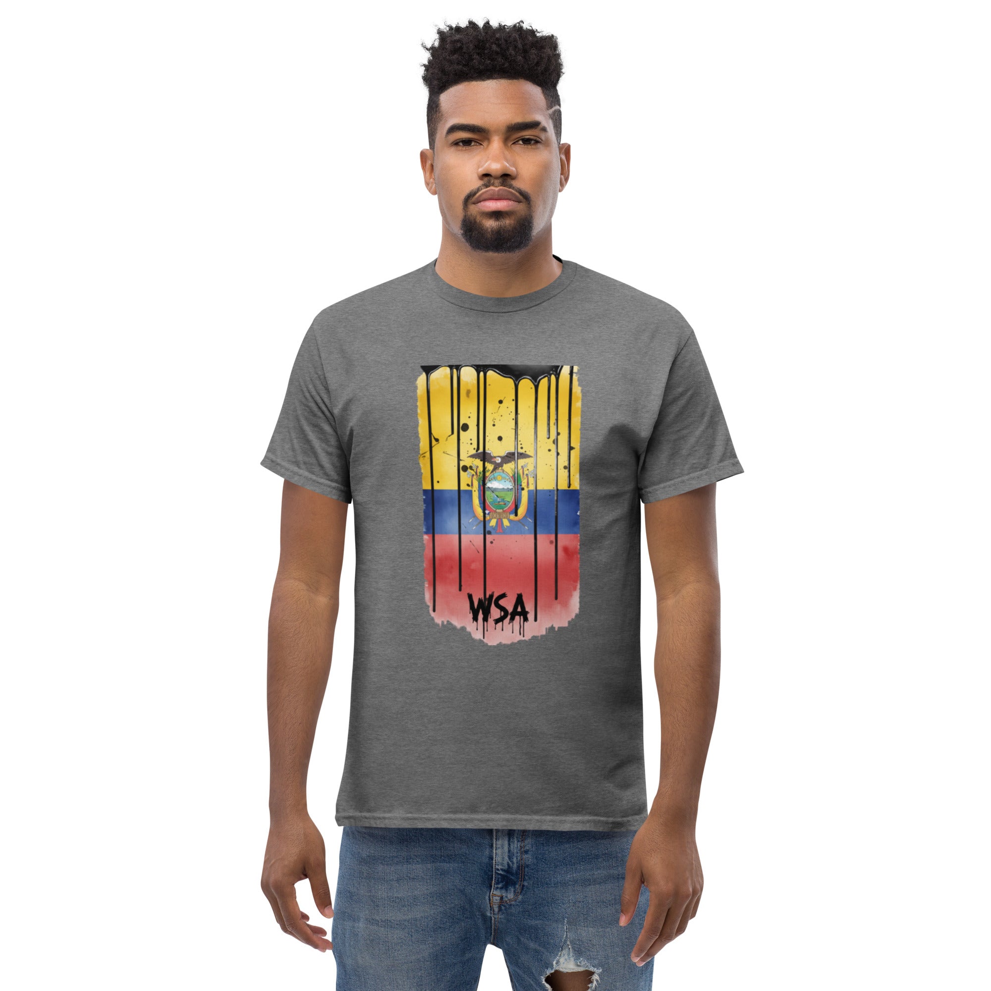 Man wearing a gray t-shirt with a colorful graphic design on a white background