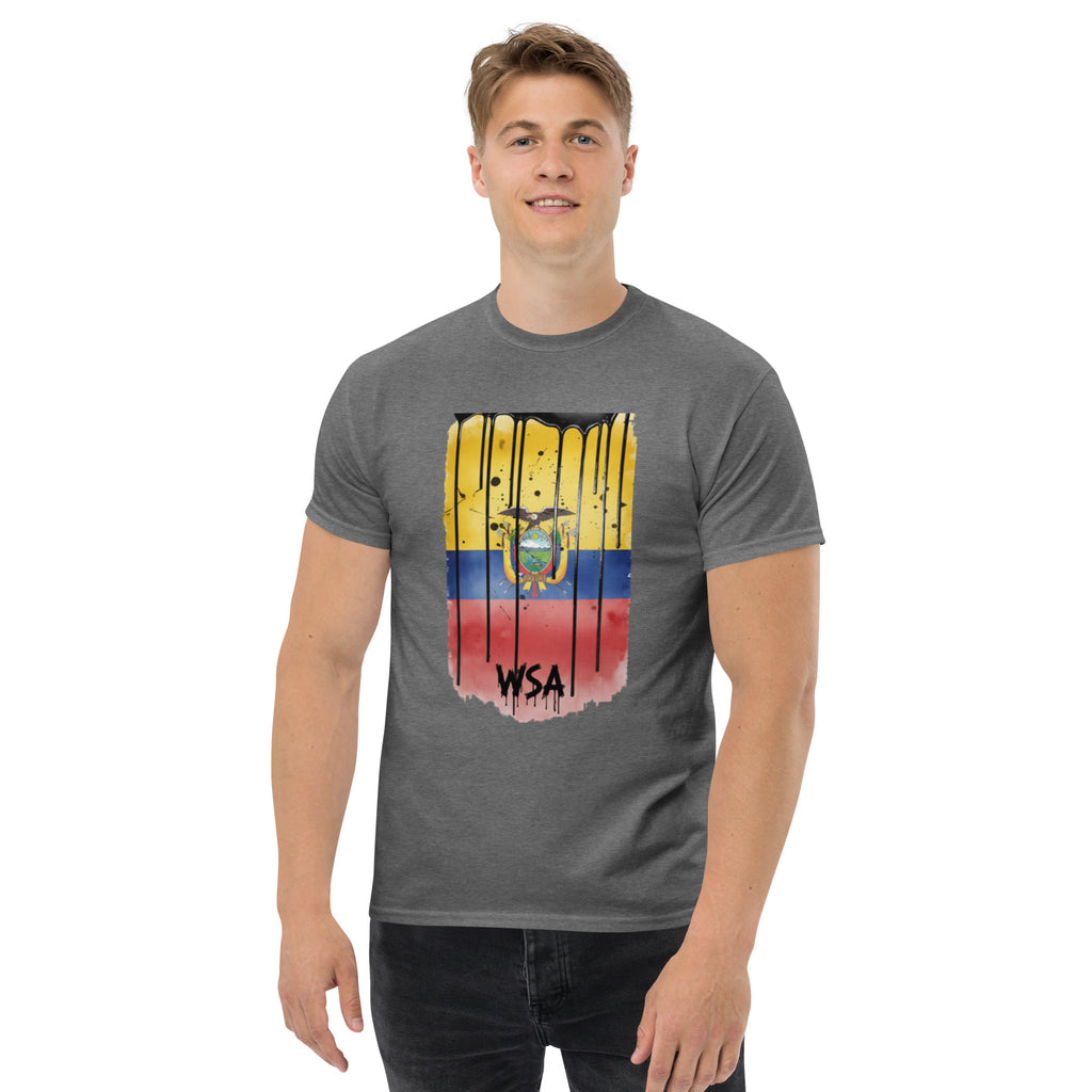 Person wearing a gray t-shirt with a colorful graphic design on a white background