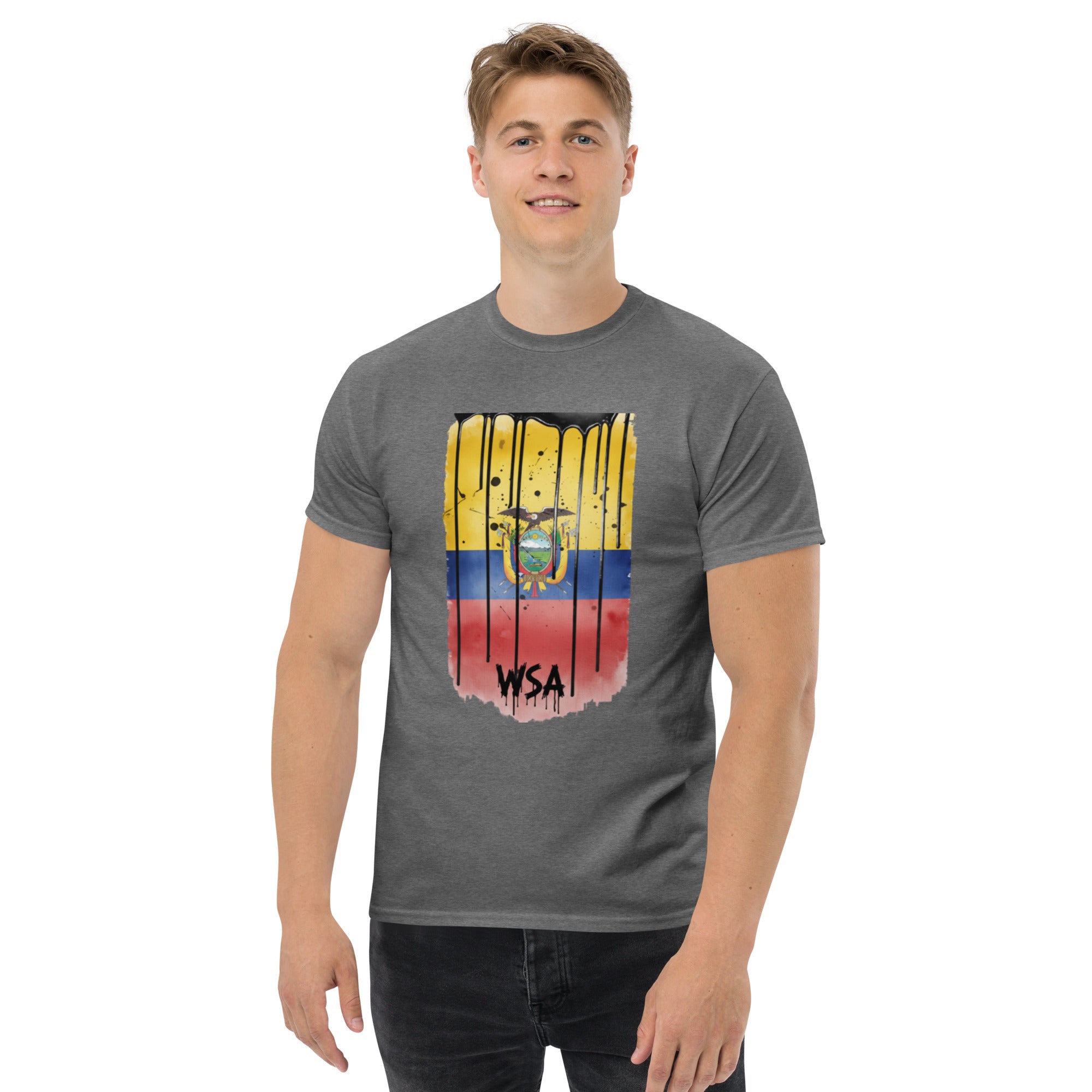 Person wearing a gray t-shirt with a colorful graphic design on a white background