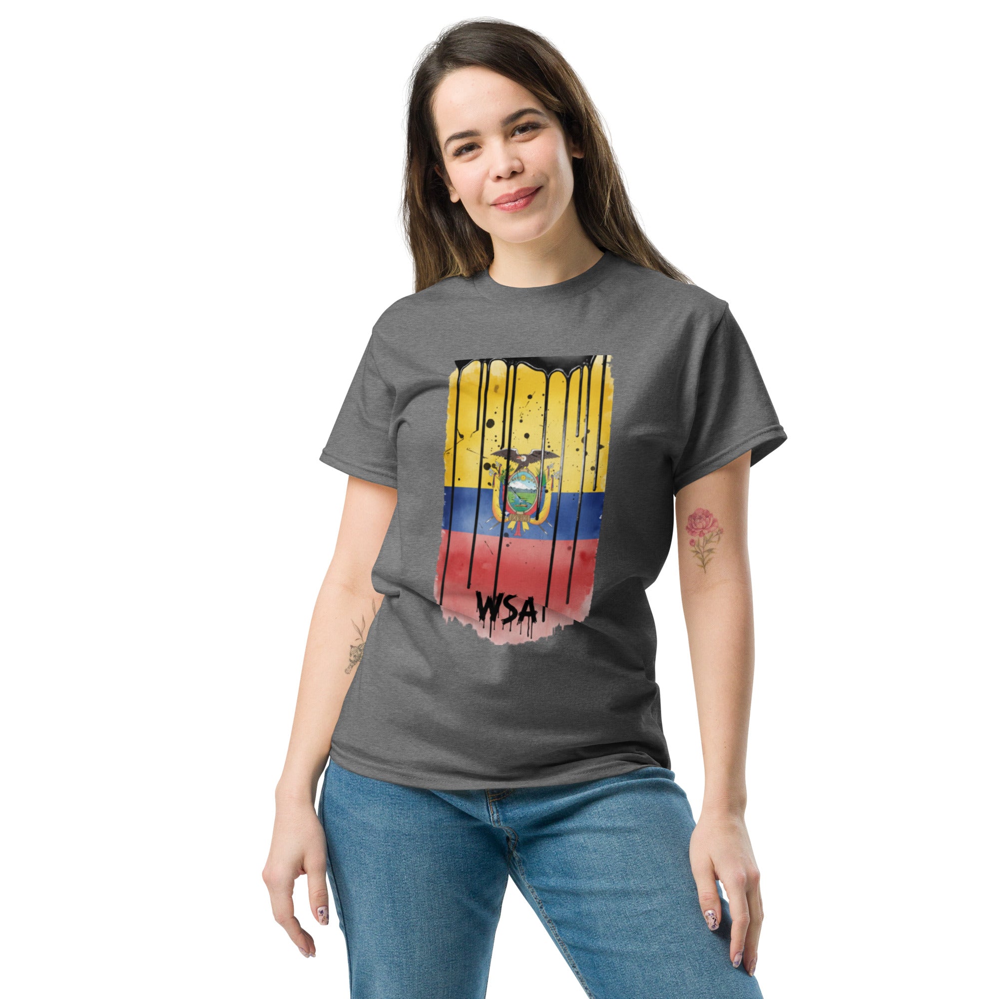 Woman wearing a gray t-shirt with a colorful graphic design on a white background
