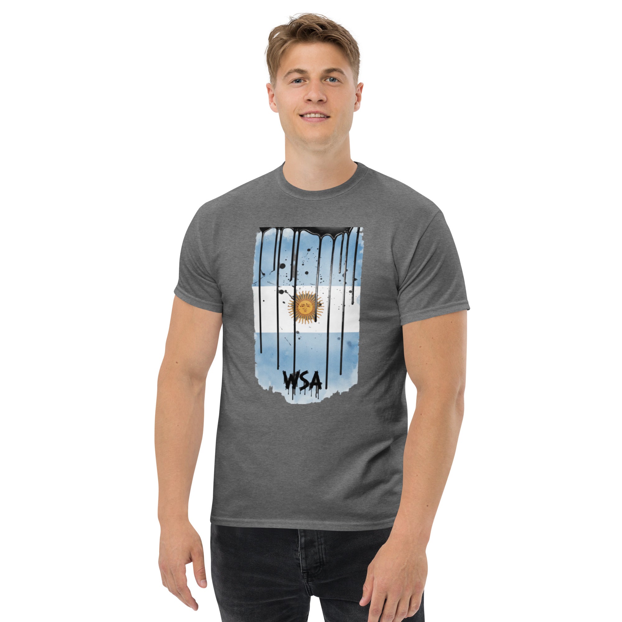 Person wearing a gray t-shirt with a flag design and 'WSA' text on a white background