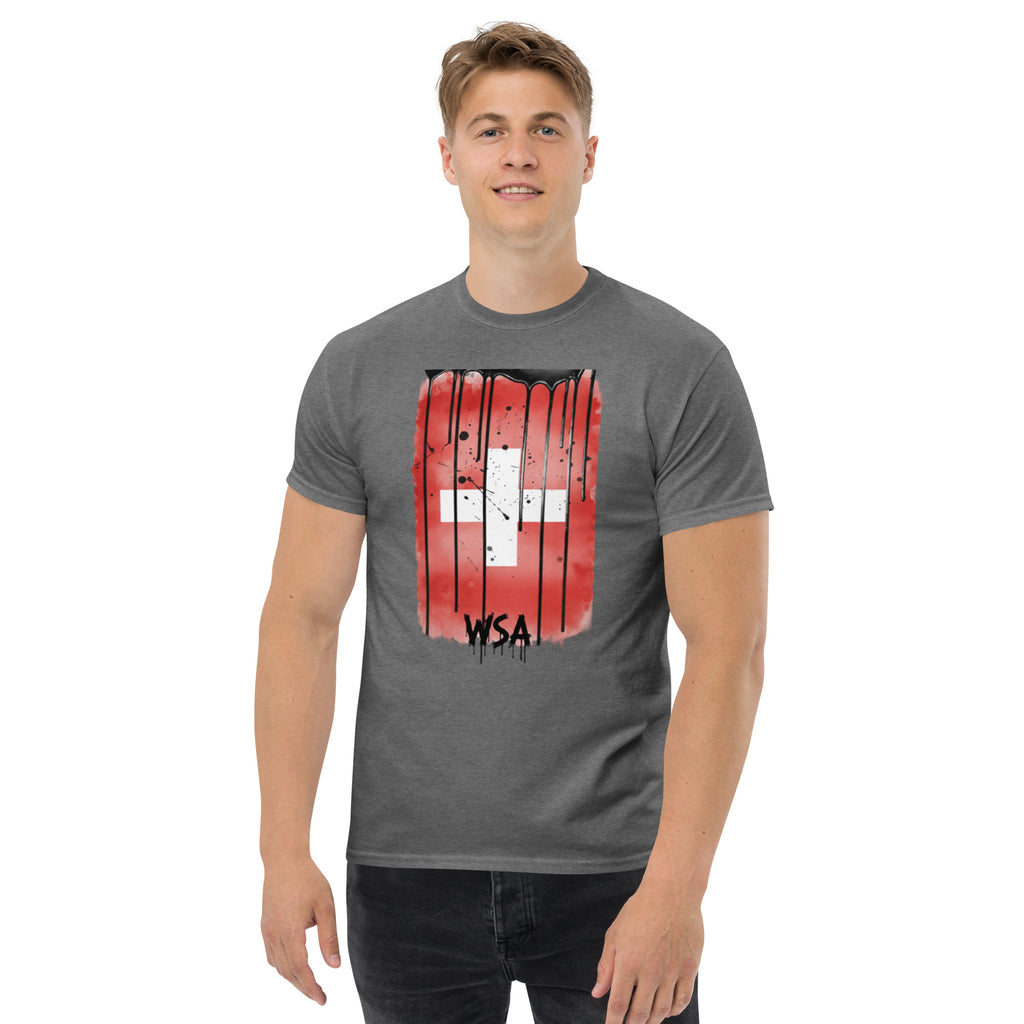 Man wearing a gray t-shirt with a red and white graphic design on a white background