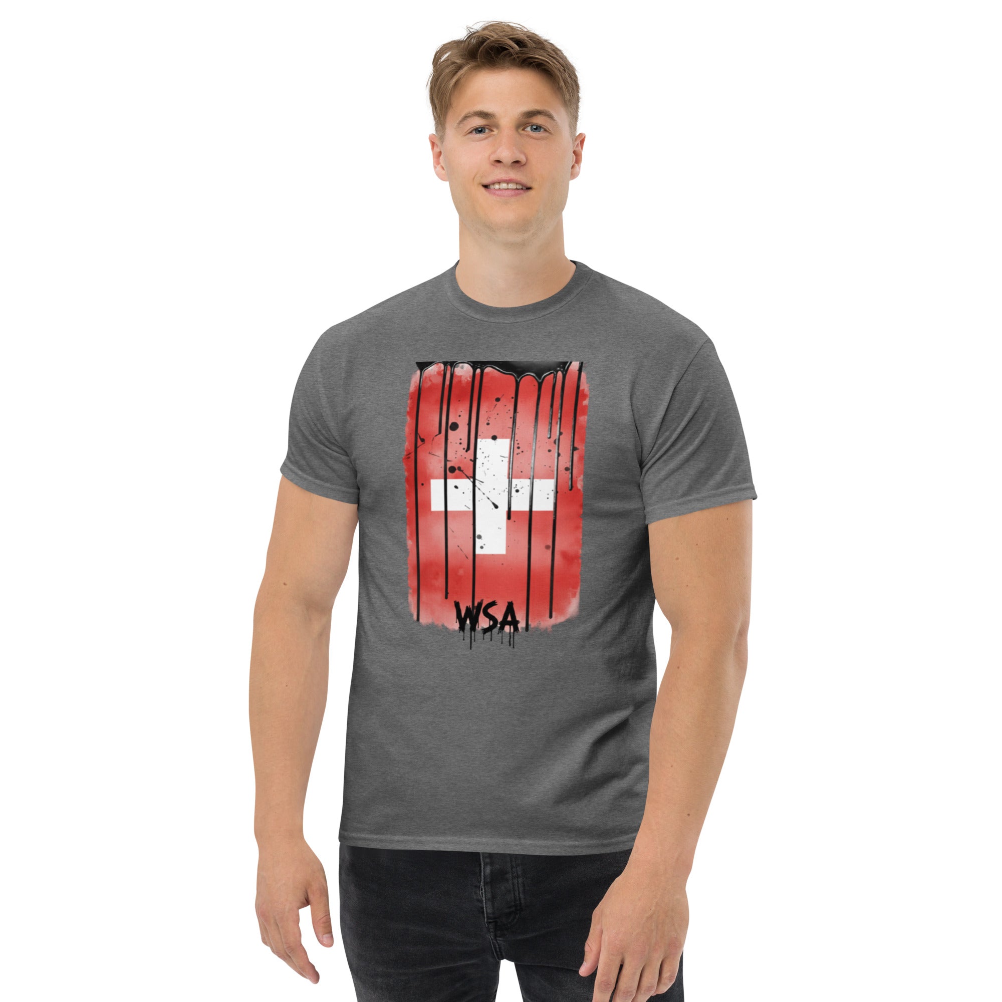 Man wearing a gray t-shirt with a red and white graphic design on a white background