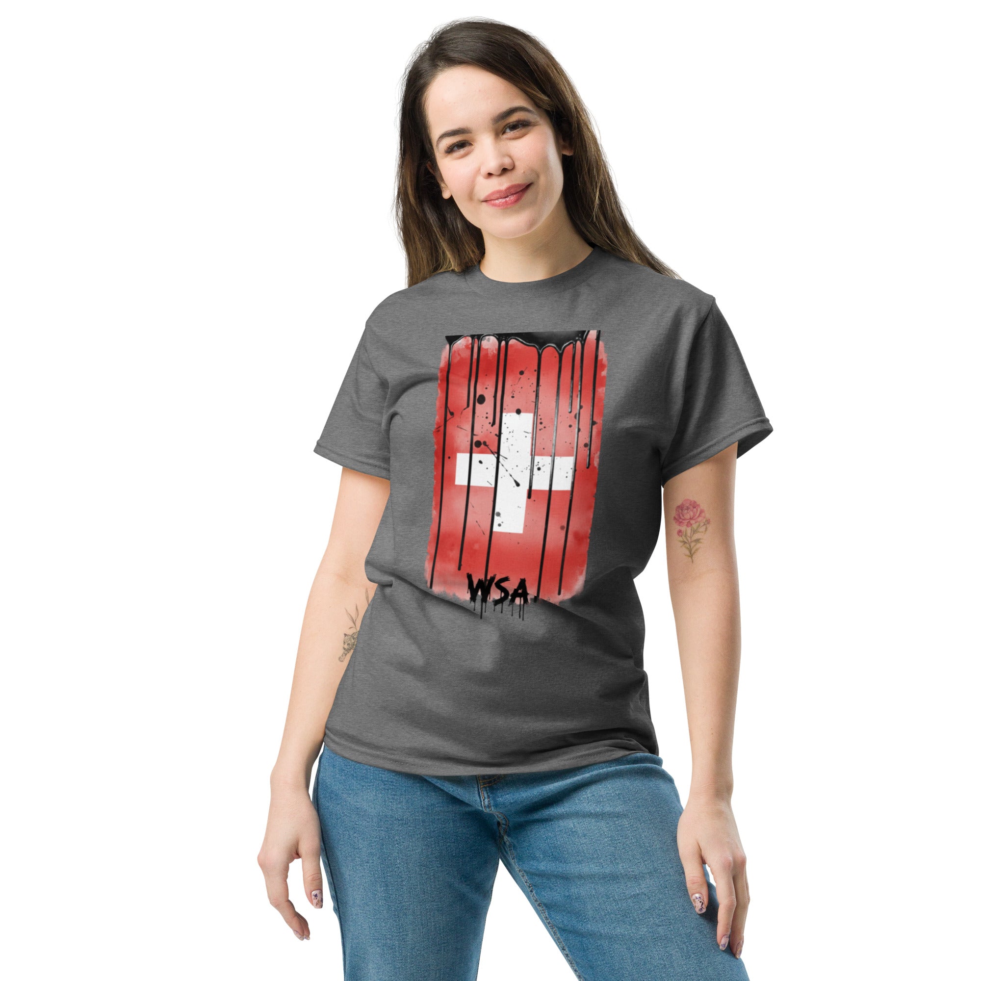 Woman wearing a gray t-shirt with a red and white graphic design on a white background