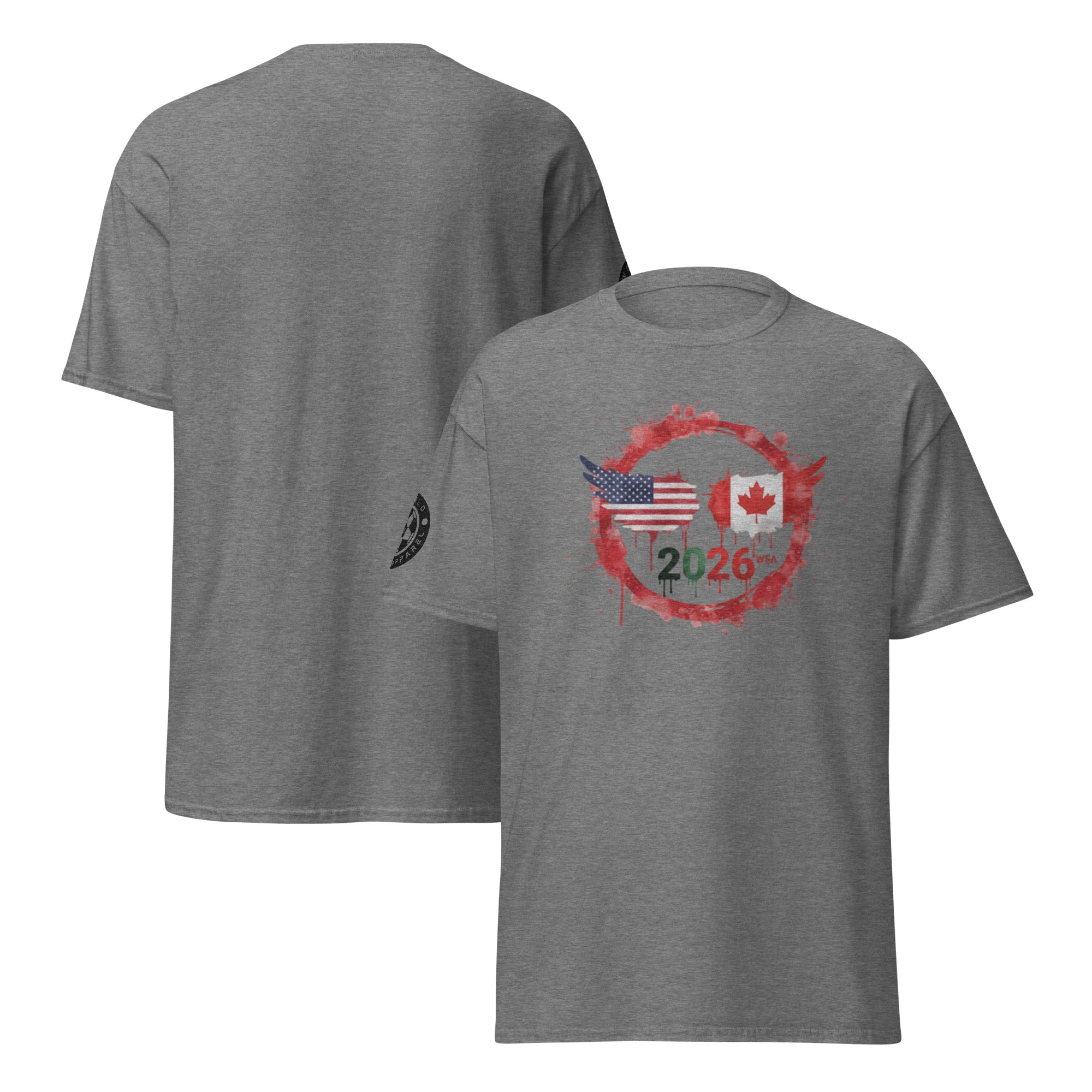 Gray t-shirt with American and Canadian flag design and '2026' text on a white background
