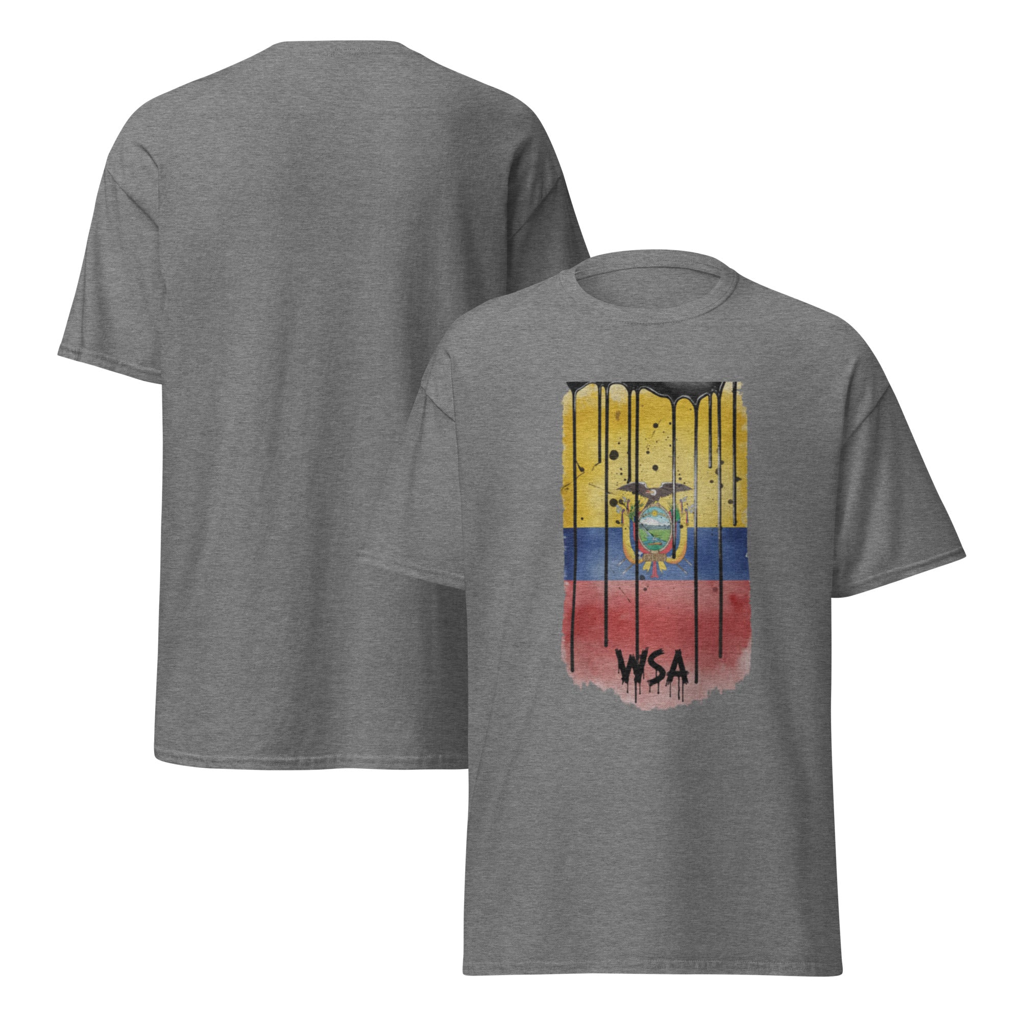Gray t-shirt with a colorful graphic design on a white background