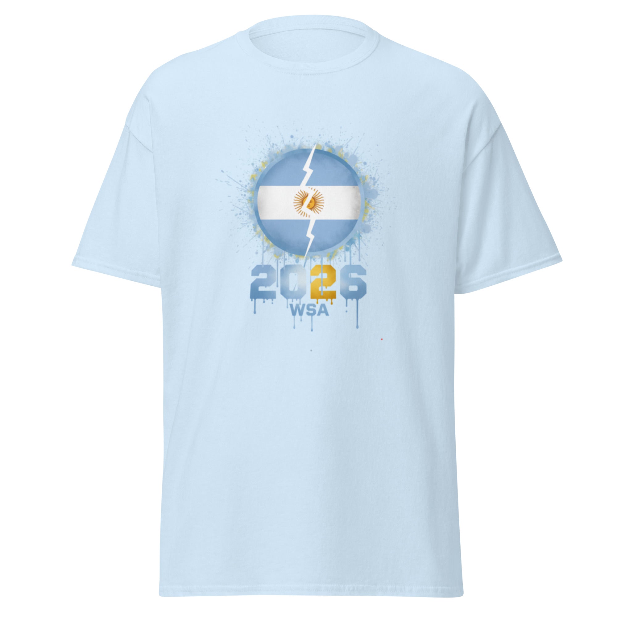 Light blue t-shirt with a graphic design on the back against a white background