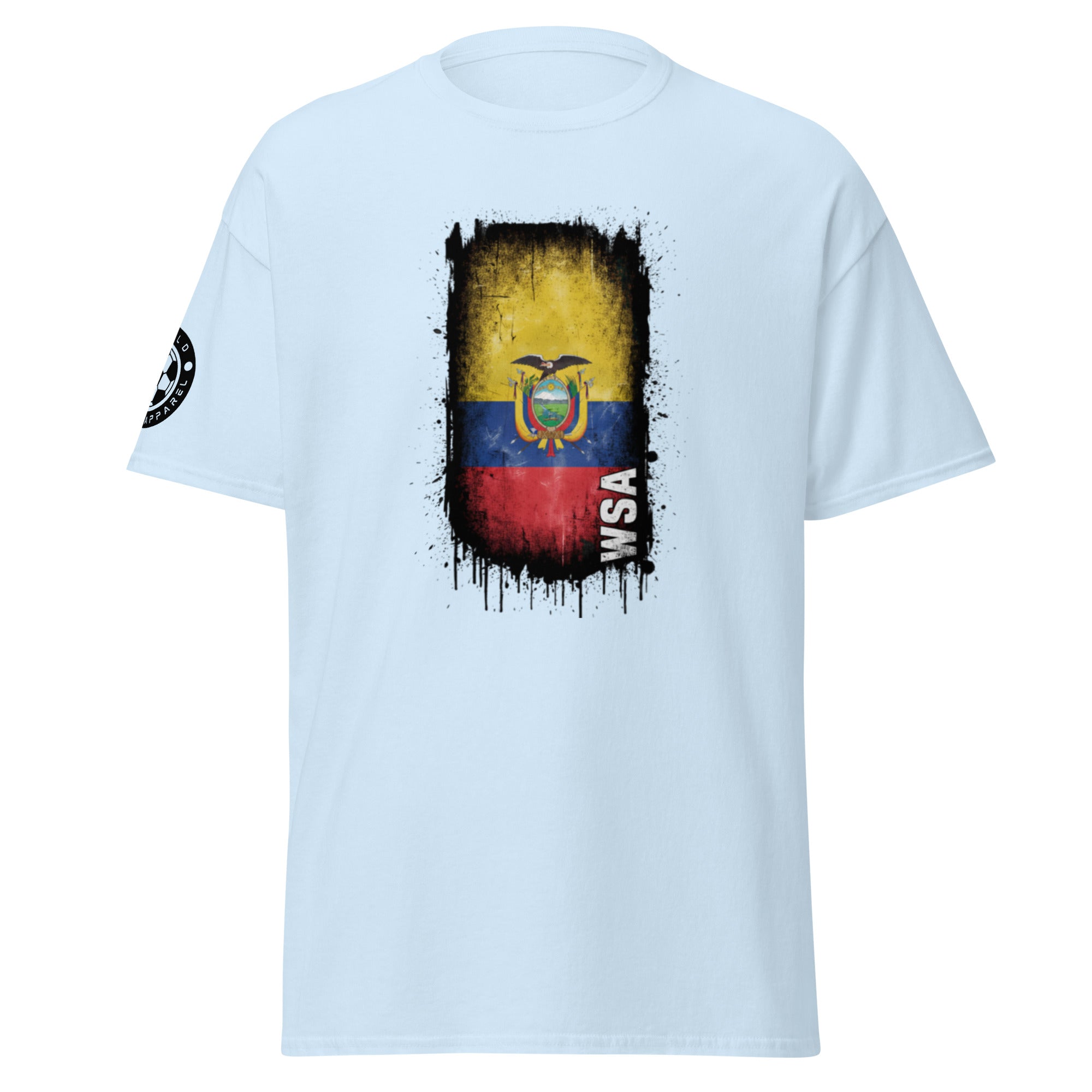 Light blue t-shirt with a colorful graphic design on the back, featuring a flag-like pattern.