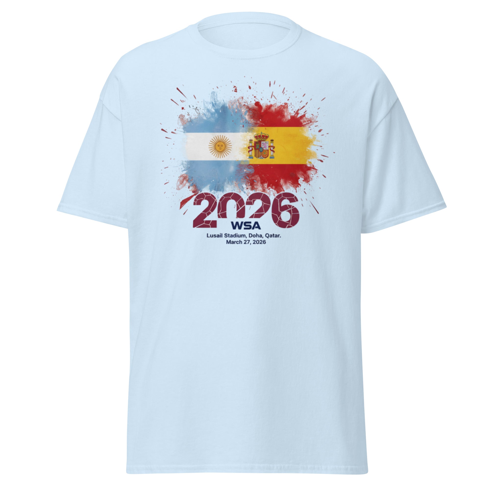 Light blue t-shirt with colorful design and text on a white background