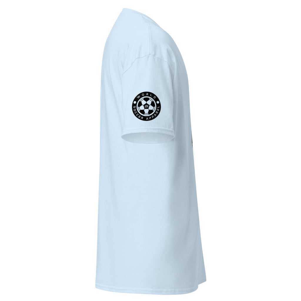 Light blue t-shirt with a black logo on the chest against a white background