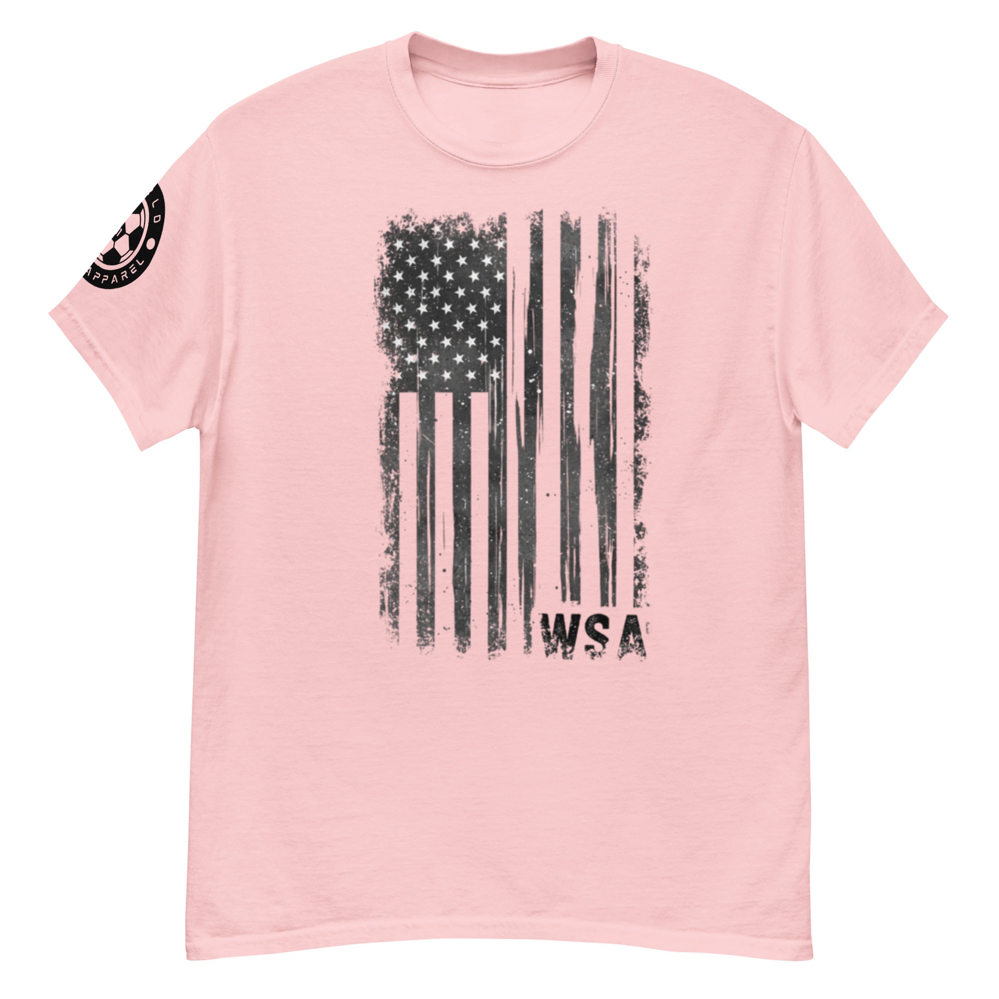 Pink t-shirt with American flag graphic and 'WSA' text on a white background